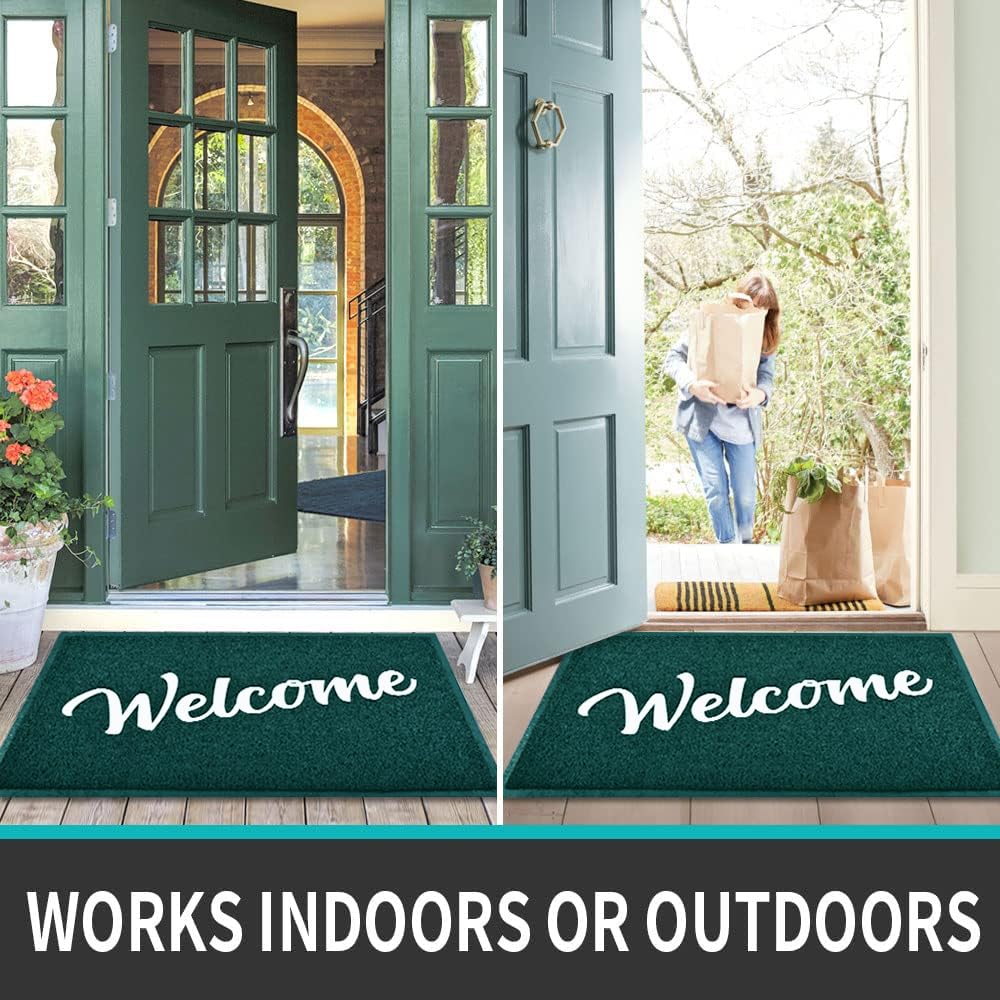 T.HENV Welcome Mat Outdoor Indoor, 32x20 100% Waterproof Front Door Mat Outside Entrance, All-Weather Quick Dry Doormat, Low Profile Patio Proch Entryway Mat, Non Slip, Easy Clean, Green-White