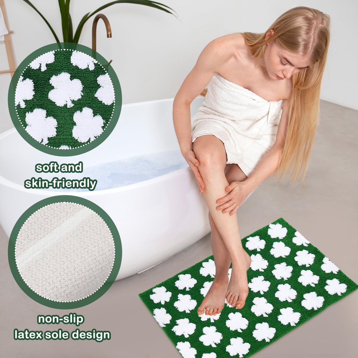 FYSUIMU St. Patrick's Day Rug Bath Mat 19.7 x 31.5” Absorbent Floor Carpet Non Slip Green White Shamrock Lucky Clover Bathroom Rug for Irish Holiday Home Bathroom Floor Decoration