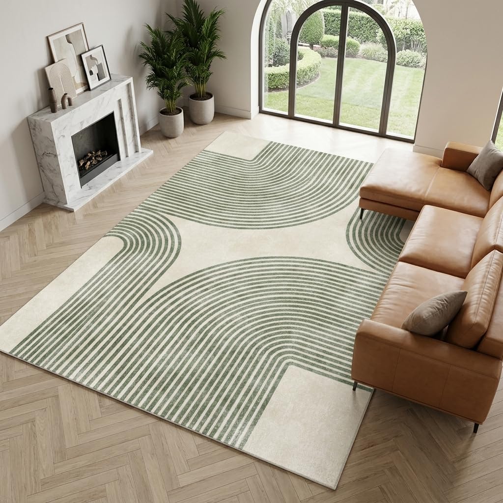 ERYATOU 5x7 Area Rug for Living Room, Green and Beige Modern Geometric Arch Stripe Rug, Machine Washable Non-Slip Low Pile Faux Cashmere Carpet for Bedroom, Dining Room, Home Office