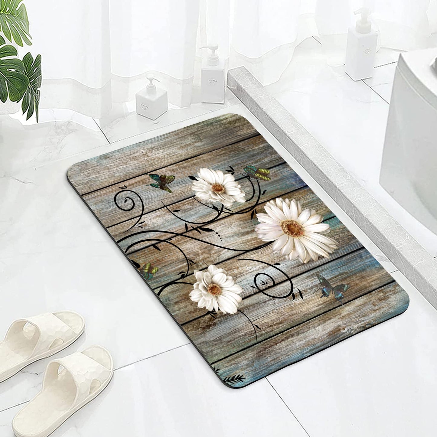 Miffrank Rustic Daisy Bathroom Rugs Grey Floral Butterfly Bath Mat, Farmhouse Absorption Non-Slip Floor Mat, Daisy Bathroom Bedroom Decor(Rectangle,27×17 inch)