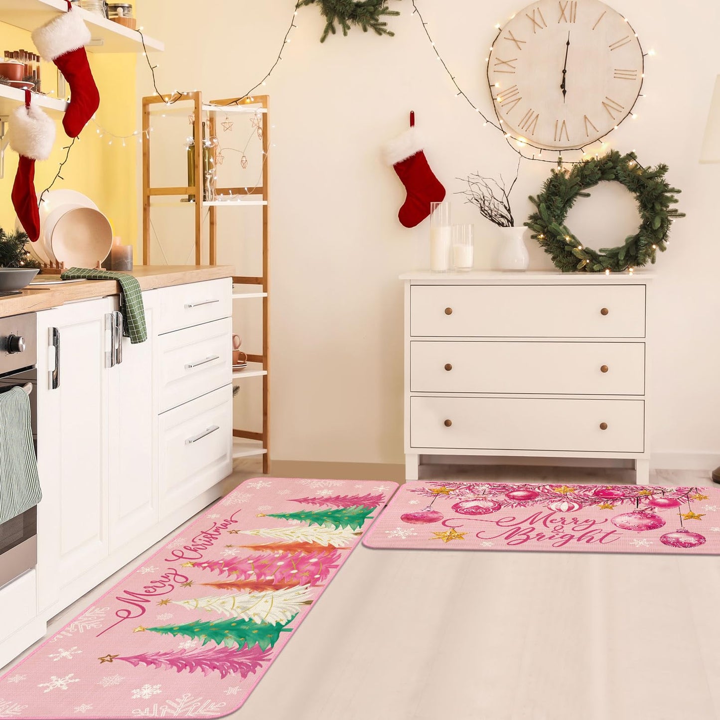 Drydiet 3 Pcs Christmas Kitchen Rug and Mat Set Washable Pink Xmas Tree Kitchen Floor Mats Waterproof Non Slip Farmhouse Merry Christmas Doormat Holiday Xmas Decor for Home Office Bathroom Party Decor