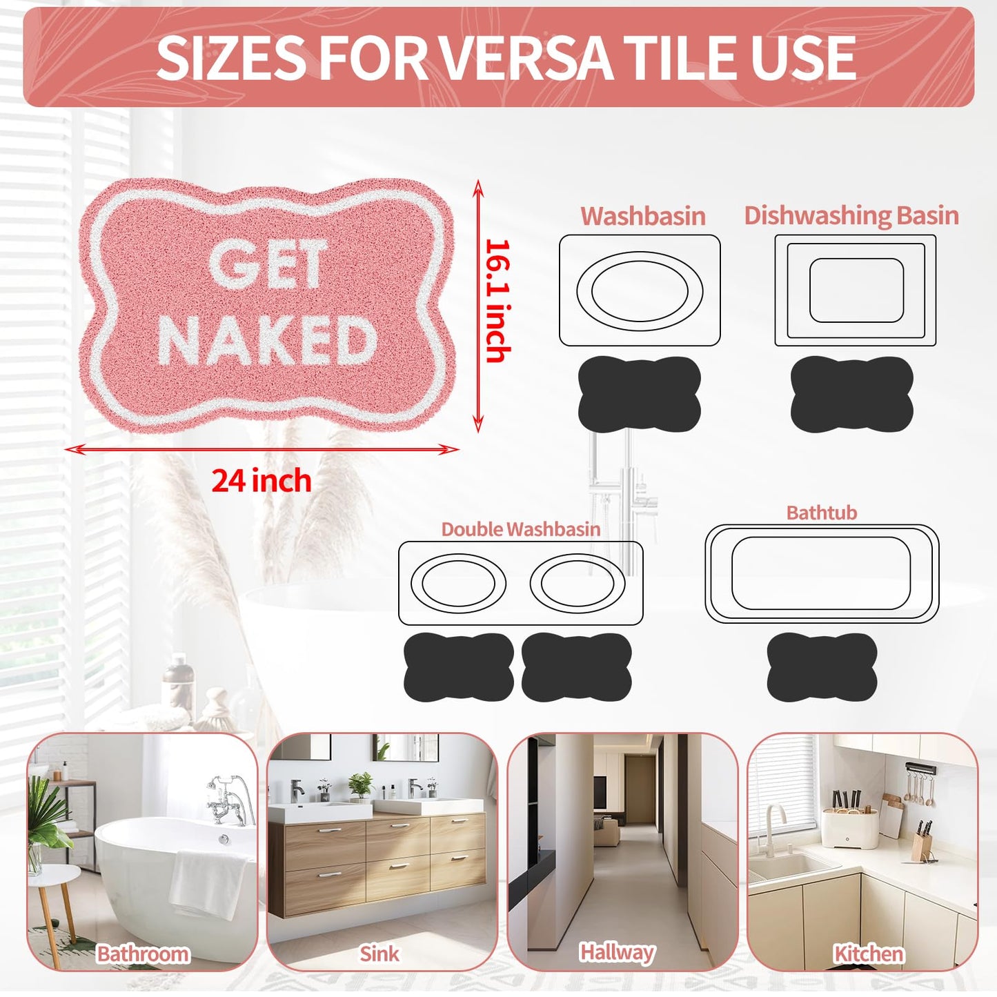 BSSN Get Naked Bath Mat, 16" x 24" Cute Pink Bathroom Rug, Ultra Absorbent Microfiber Tufted Bath Mat, Non-Slip & Machine Washable, Small Fun Aesthetic Decor Rug for Bathroom, Shower, Sink
