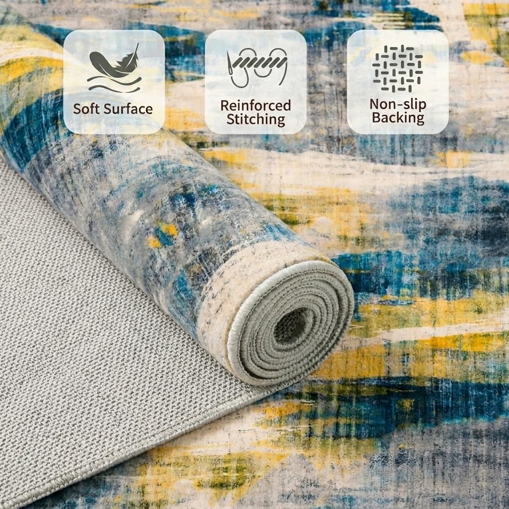 Xinlezx 5x7 Area Rug for Living Room, Washable Non Slip Abstract Area Rug, Blue Gray Modern Carpet with Yellow Accents, Soft Faux Cashmere Foldable Rug for Bedroom Dining Room Home Office