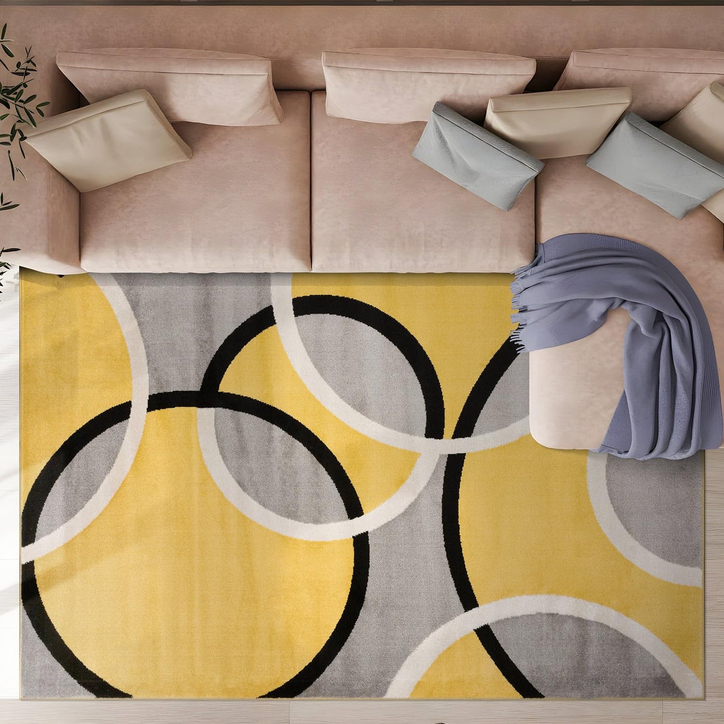 Rugshop Contemporary Abstract Circles Area Rug, Non-Shedding Carpet for Living Room, Dining Room, or Bedroom, Yellow, 6'6" x 9'