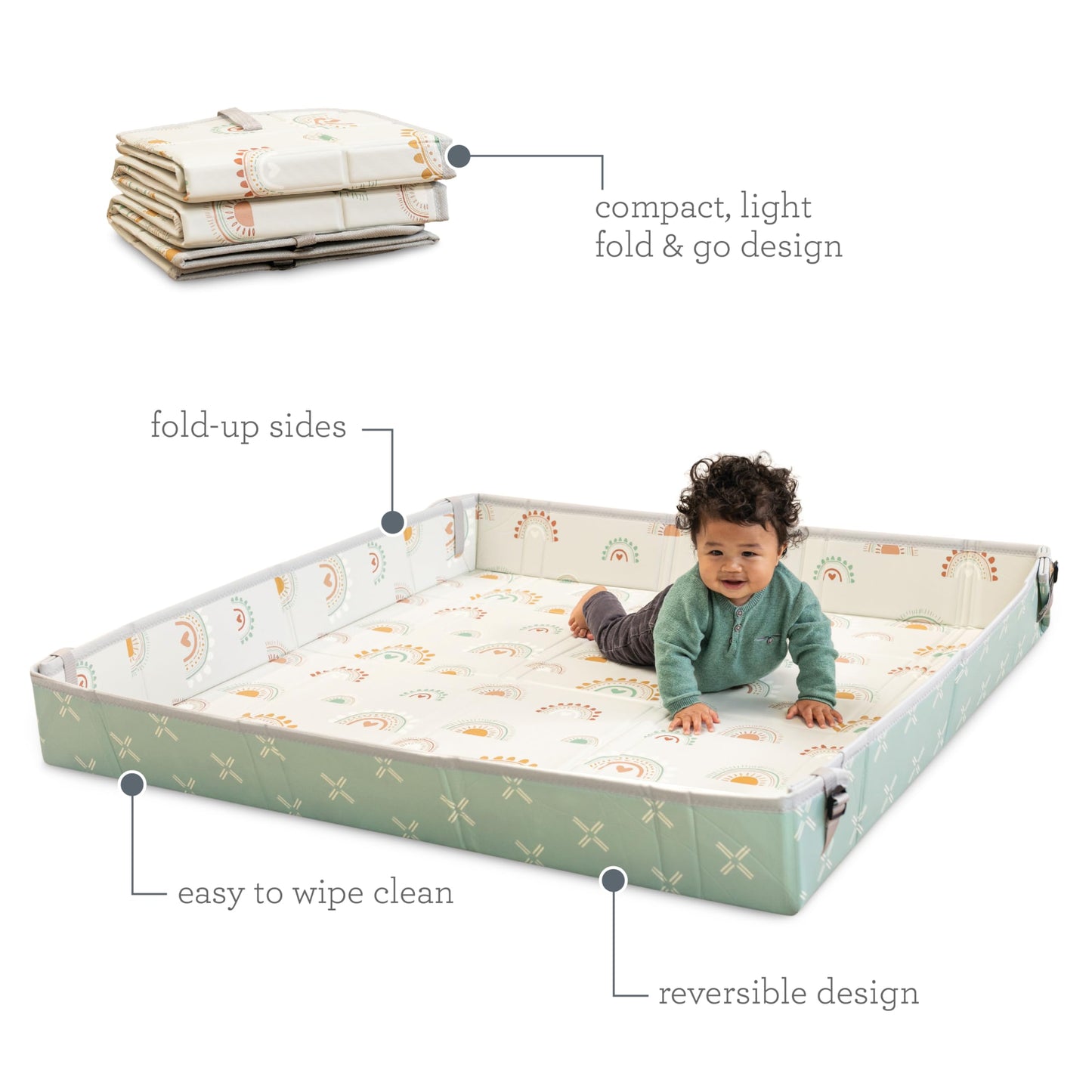 Infantino Foldable Soft Foam Play Mat, Reversible 57x57” Baby Mat for Floor Time, Lightweight, Portable & Easy to Store, Water Resistant, Wipeable, Rainbows