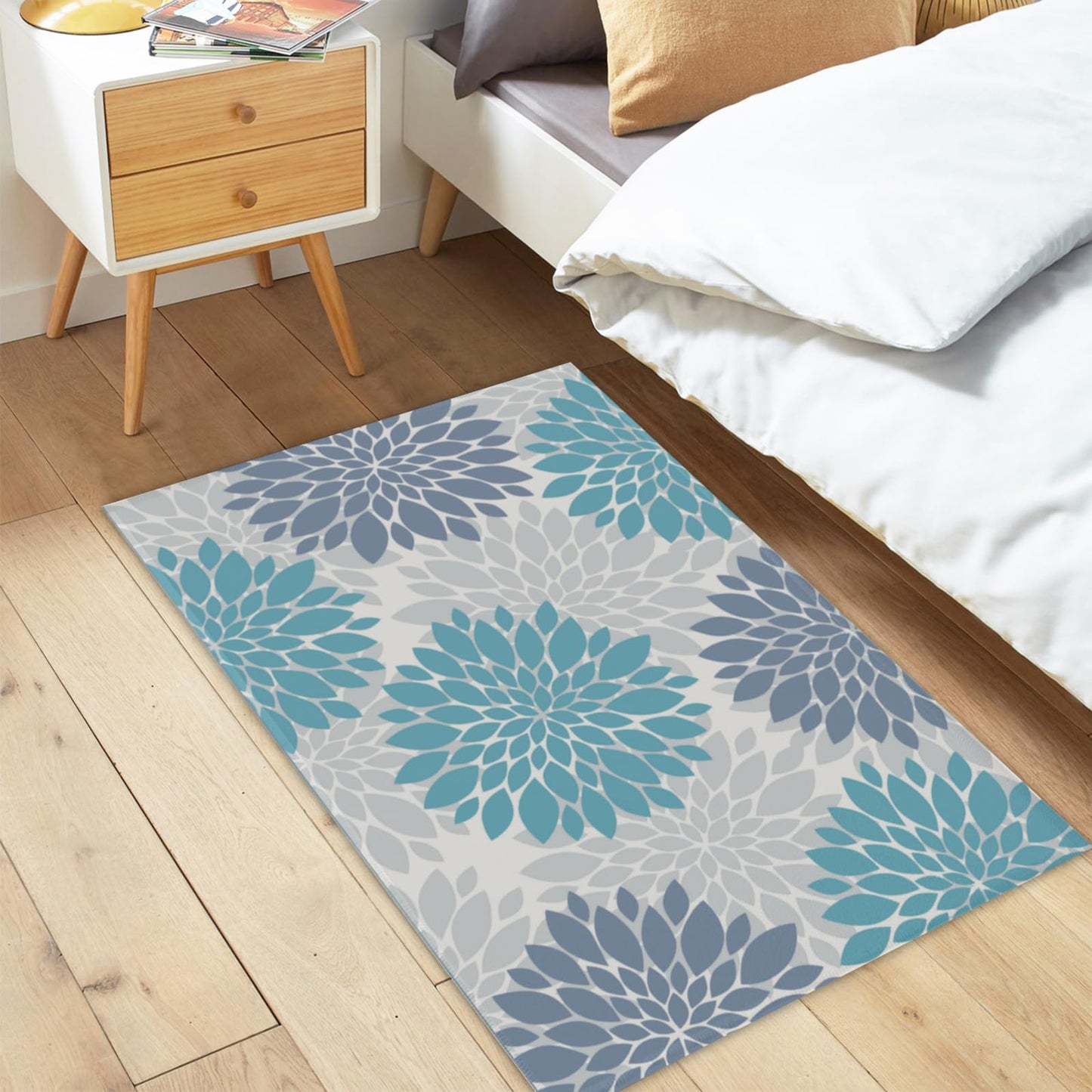Cryomitron Teal Daisy Floral Area Rug 2x3 Blue and Grey Floral Summer Decorative Front Door Mat Rustic Flower Non-Slip Low Pile Doormat Washable Entryway Rug for Bathroom Living Room Bedroom