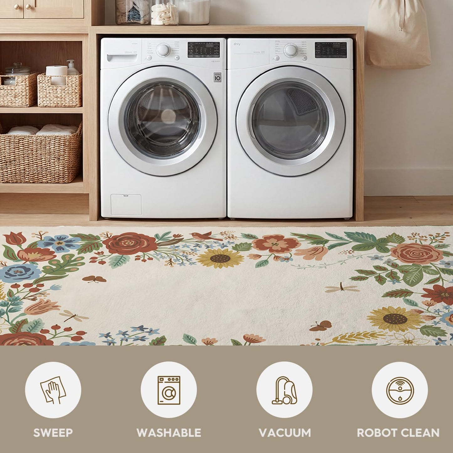 Artoid Mode Beige Sunflower Floral Spring Door Mat, Summer Home Decor Low-Profile Non-Slip Washable Throw Rug for Kitchen Entryway Front Door Bedroom Bathroom 2x3 Feet