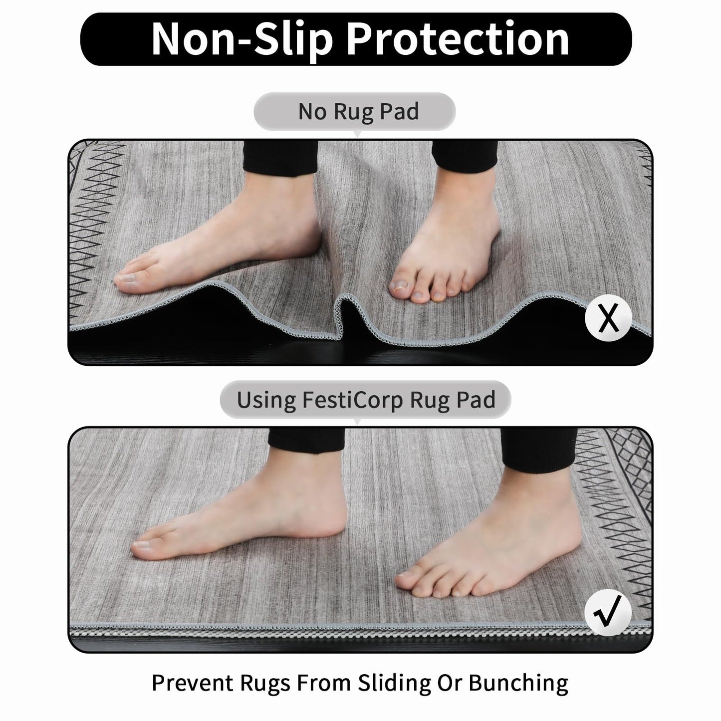 FestiCorp Non Slip Rug Pads 2x3 Ft Non Skid Rug Pad Gripper, Anti-Slip Carpet Rug Mats for Under Rugs and Hard Surface Floors