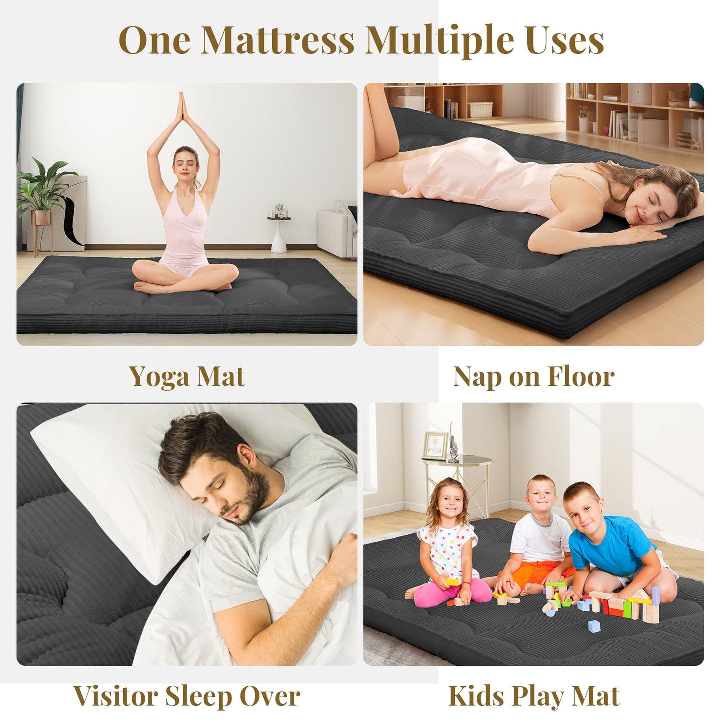NLDD Futon Mattress Queen Size, 4" Thicken Japanese Futon Mattress Sleeping Pad, Corduroy Foldable Floor Mattress, Roll Up Tatami Mat for Adults Guest Room Bedroom, Grey