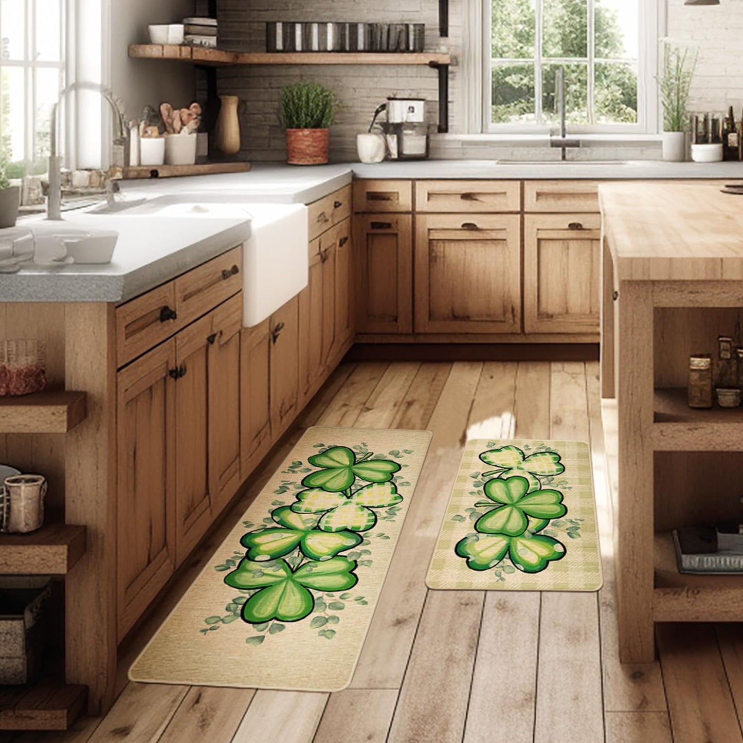 St Patricks Day Kitchen Decor Mats Set of 2, Non-Slip Absorbent Rug and Door Mats, Lucky Green Shamrock Clover Kitchen Floor Mat 17x29 and 17x47 Inch DM128