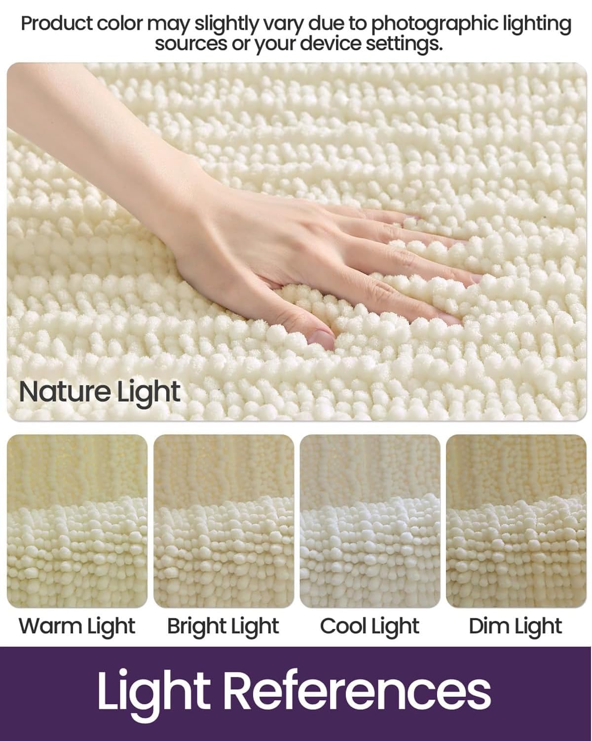 DEXI Bathroom Rugs 24x16, Super Soft Thick Chenille Absorbent Bath Mat, Non Slip Machine Washable Fluffy Shag Bathmat for Tub, Shower Floor, Ivory