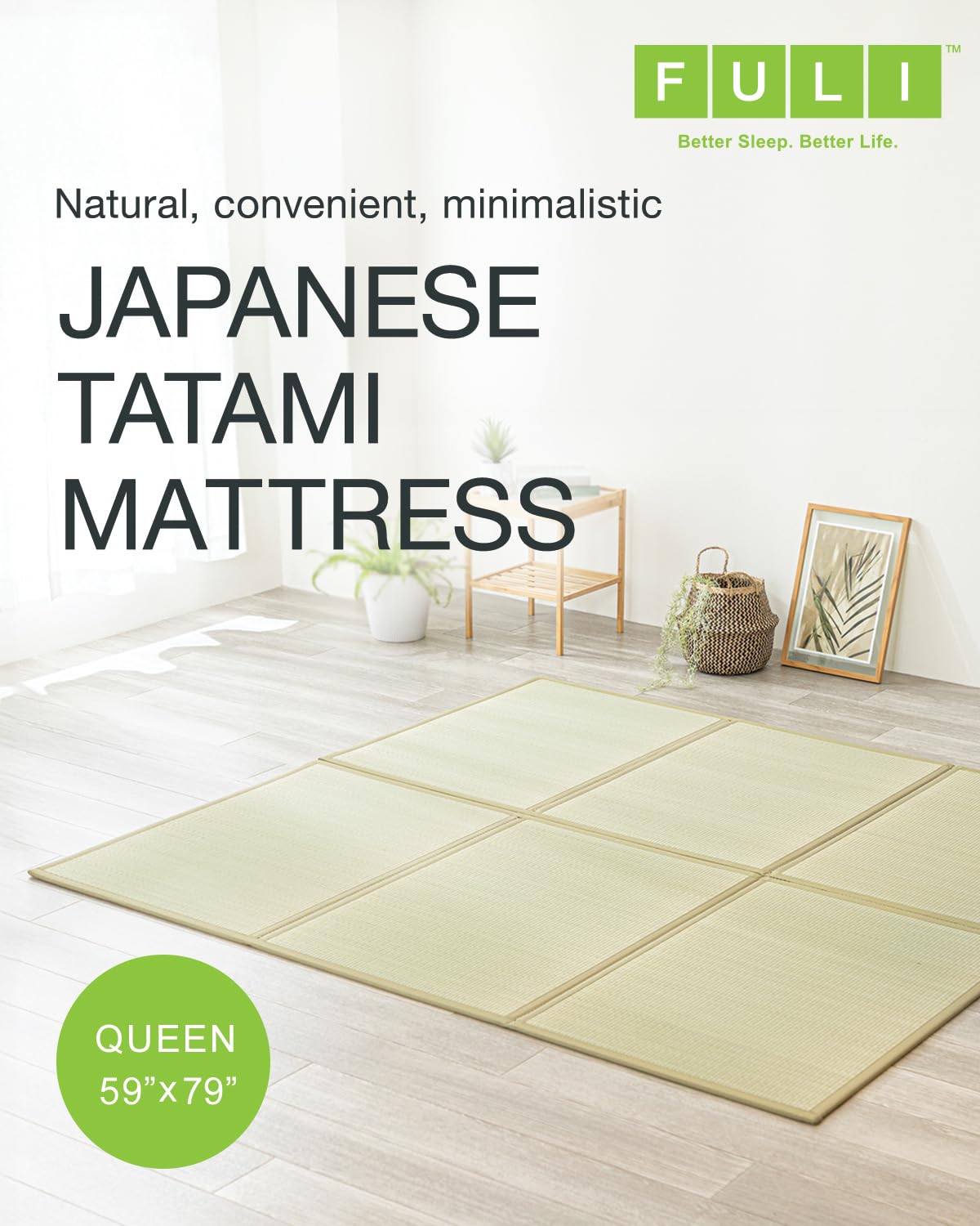 FULI Japanese Tatami Mattress, Foldable Igusa Rush Grass Tatami Rug, Natural Japanese Floor Mattress Mat Made in Japan, Queen