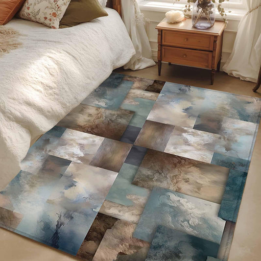 Area Rug 4'x6', Blue Brown Geometric Non-Slip Runner Rug Carpet for Bedside, Modern Ombre Abstract Art Washable Outdoor Indoor Area Rugs Mat for Entryway/Living Room/Bedroom/Kitchen/Office