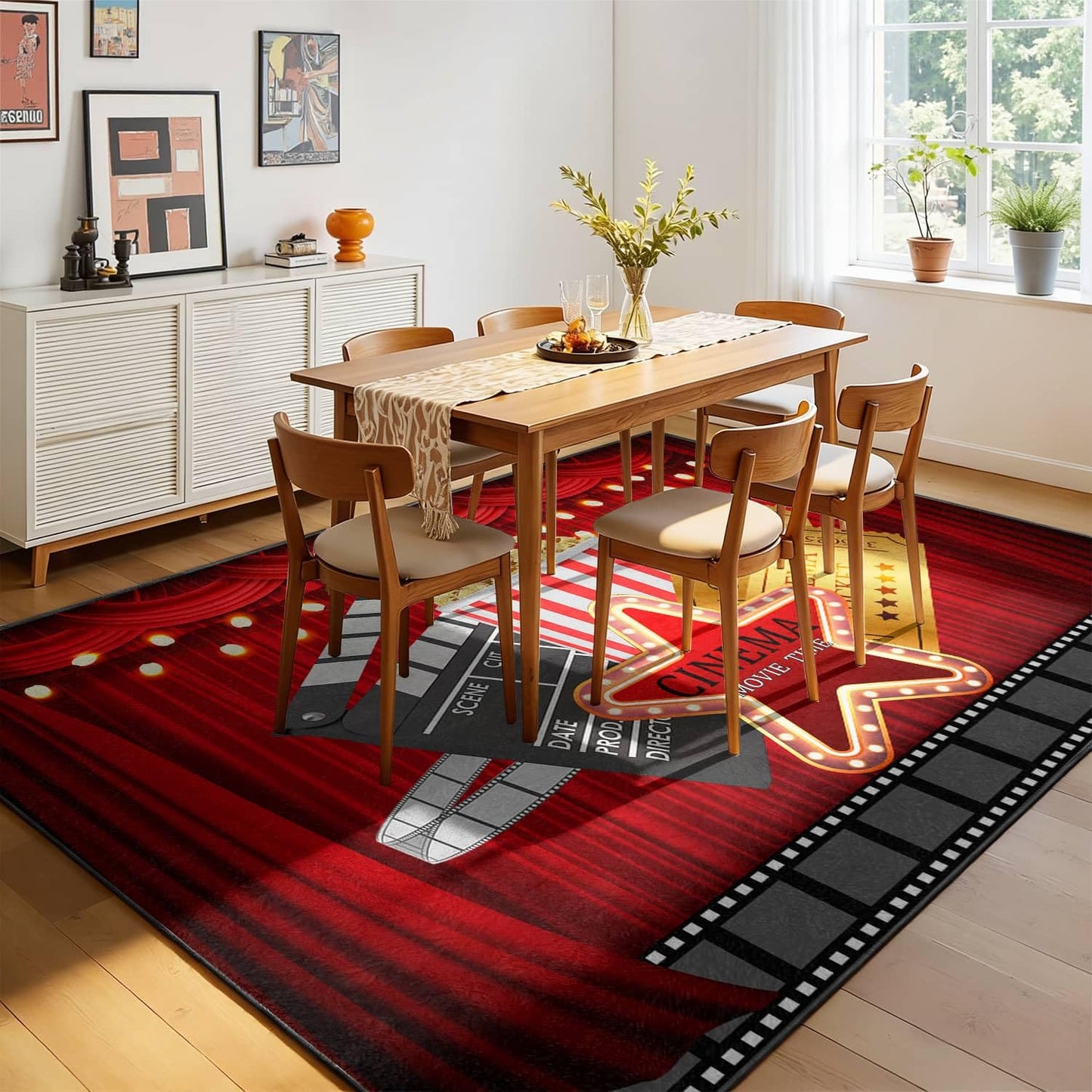 LGGLOVELIN Cinema Movie Time Area Rug 8x10ft, Indoor Low Pile Large Carpet, Red Curtain Popcorn Ticket, Washable Non-Slip Soft Rugs for Home Theater Living Room Bedroom Movie Night Decor Mat