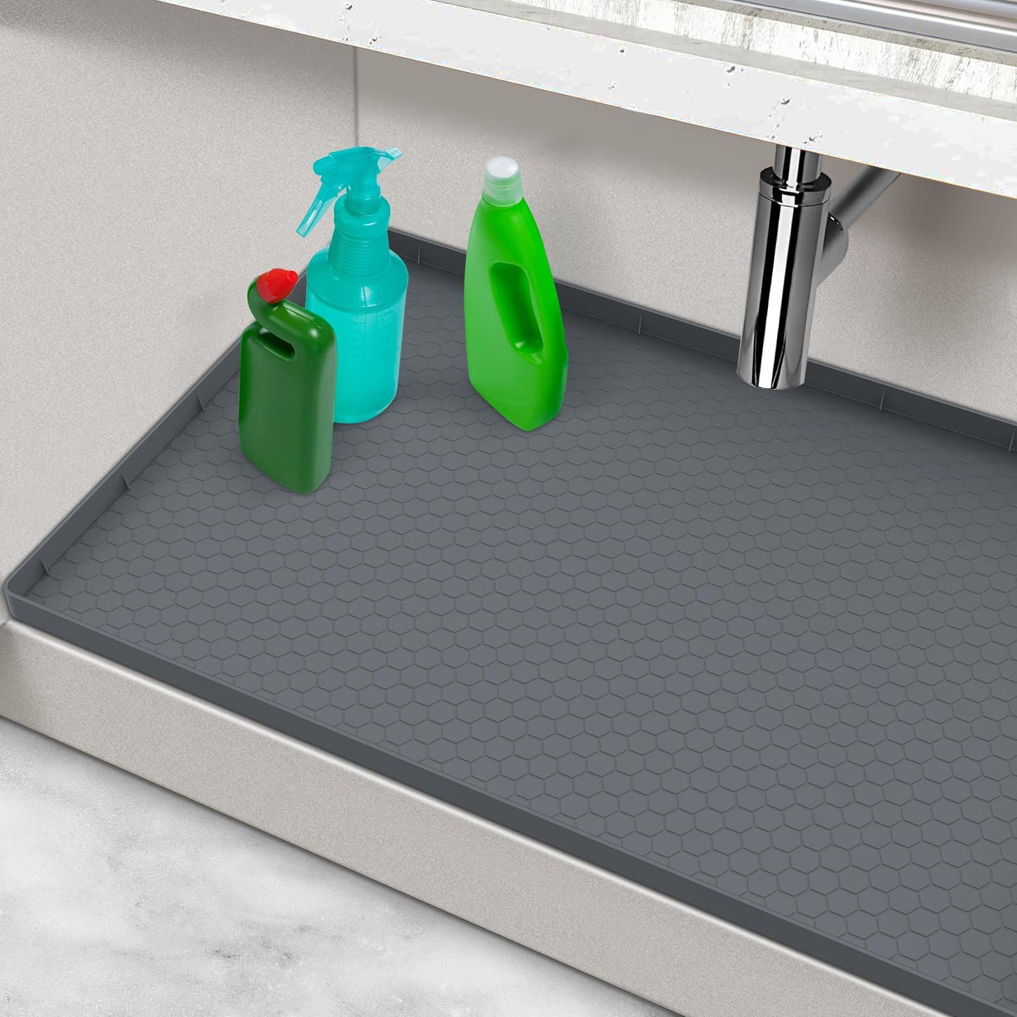 Under Sink Mat 28" x 22", Silicone Under Kitchen Sink Mat, Waterproof Under Sink Protector Mat, Shelf Liners Cabinet Liner for Kitchen and Bathroom, Gray