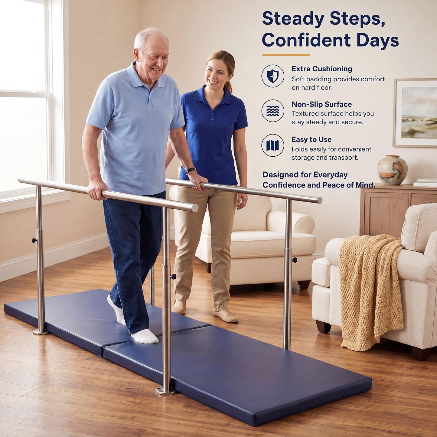 Wesiti 1 Pcs Fall Mat for Elderly Bedside, 70" x 24" x 2" Non Slip Foldable Floor Mat for Seniors Safety Fall Prevention for Handicap, Anti Fatigue Crash Bed Pad (Blue)