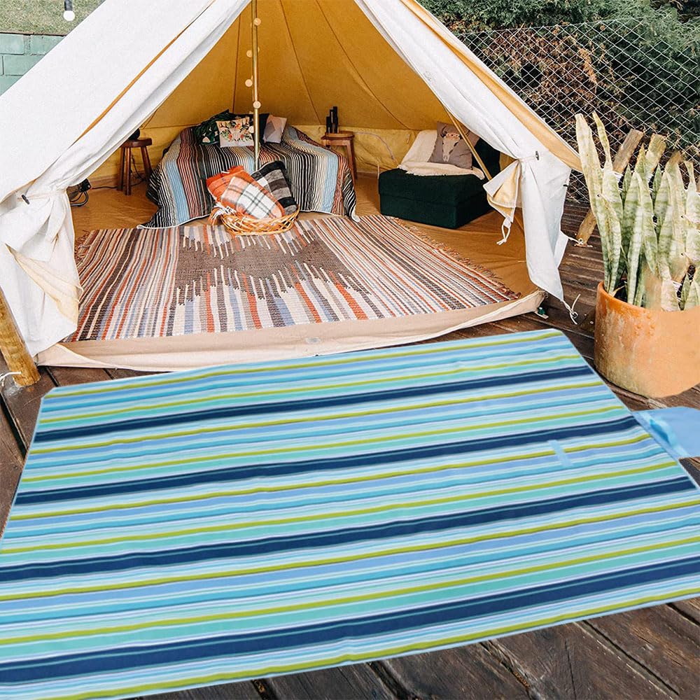 K Y KANGYUN Beach Blanket Outdoor Picnic Blankets Mat 80"x60" Extra Large Waterproof Sand Proof Camping Blanket Lightweight Folding Portable Travel Blanket for Family Park Beach Grass (Blue Line)