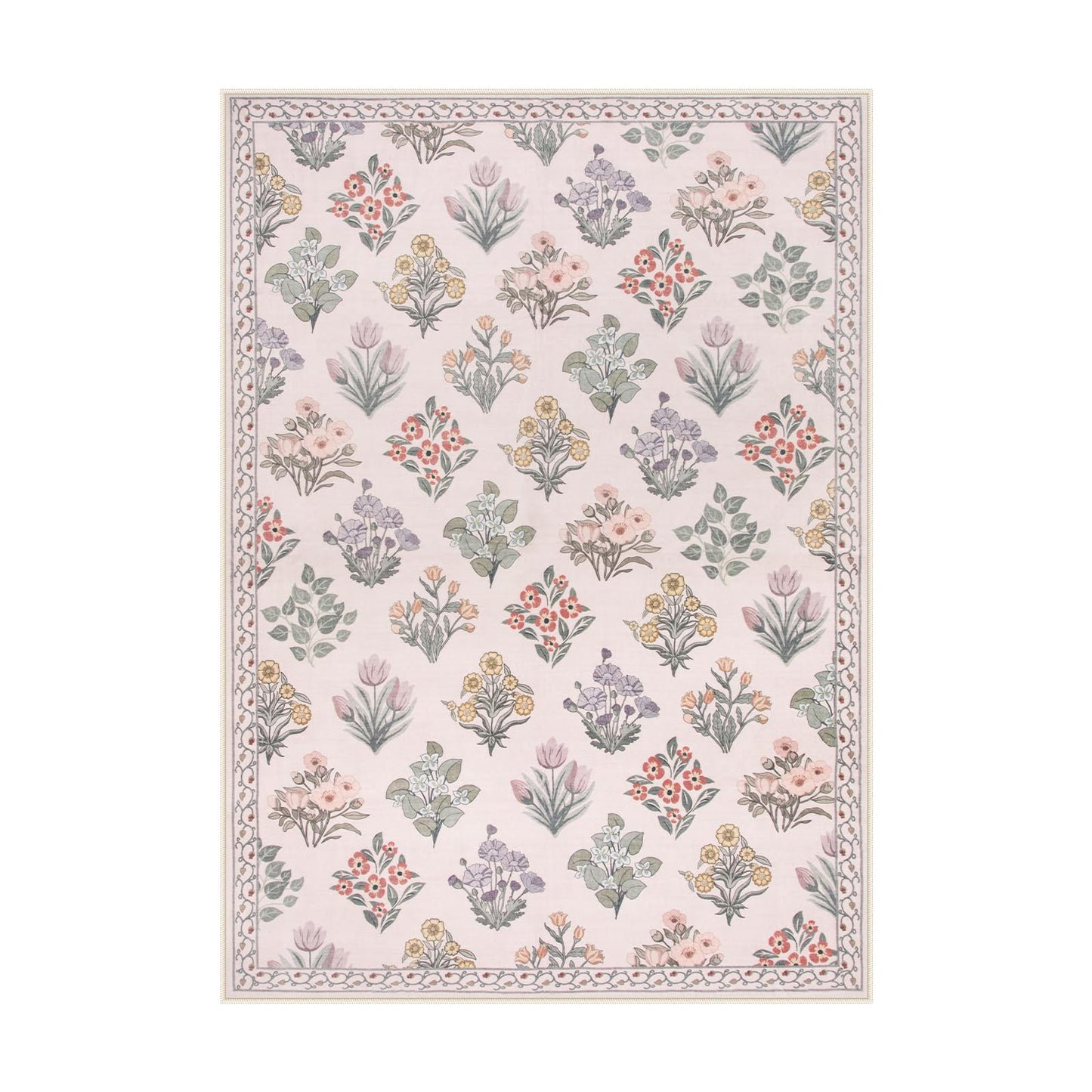 Wonnitar Pink Rugs for Bedroom Girls Nursery, Floral Print 5x7 Washable Rug, Boho Ultra-Thin Non Slip Soft Cozy Carpet for Room Decor Kids Playroom Office Living Room, Pale Pink