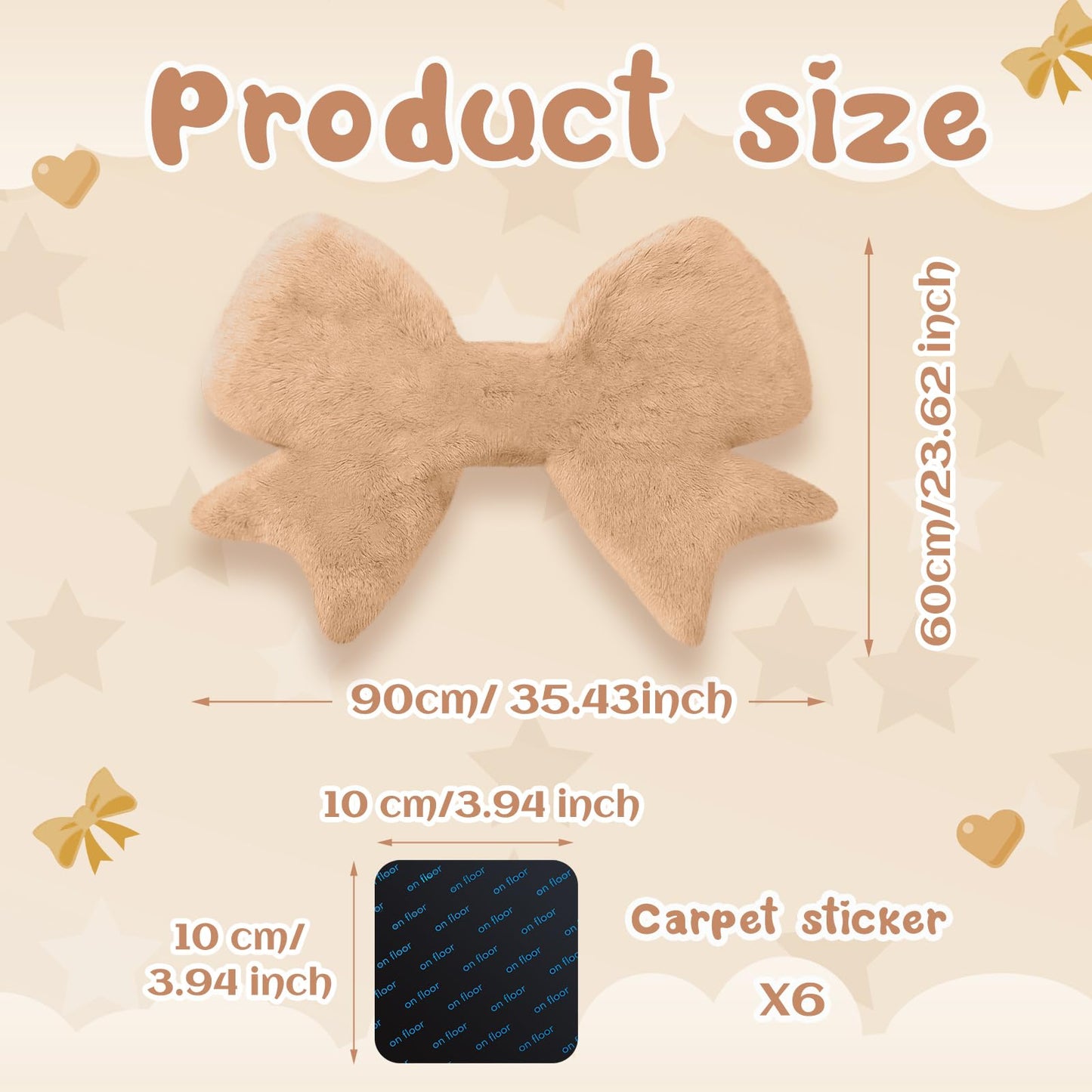 Tinideya Tan Bow Rug 2 x 3 ft Cute Coquette Bow Area Rugs with 6 Pcs 3.94 x 3.94'' Anti Slip Stickers Faux Rabbit Fur Bedside Carpet with Serged Edge for Bedroom Nursery Playroom Home Floor Decor