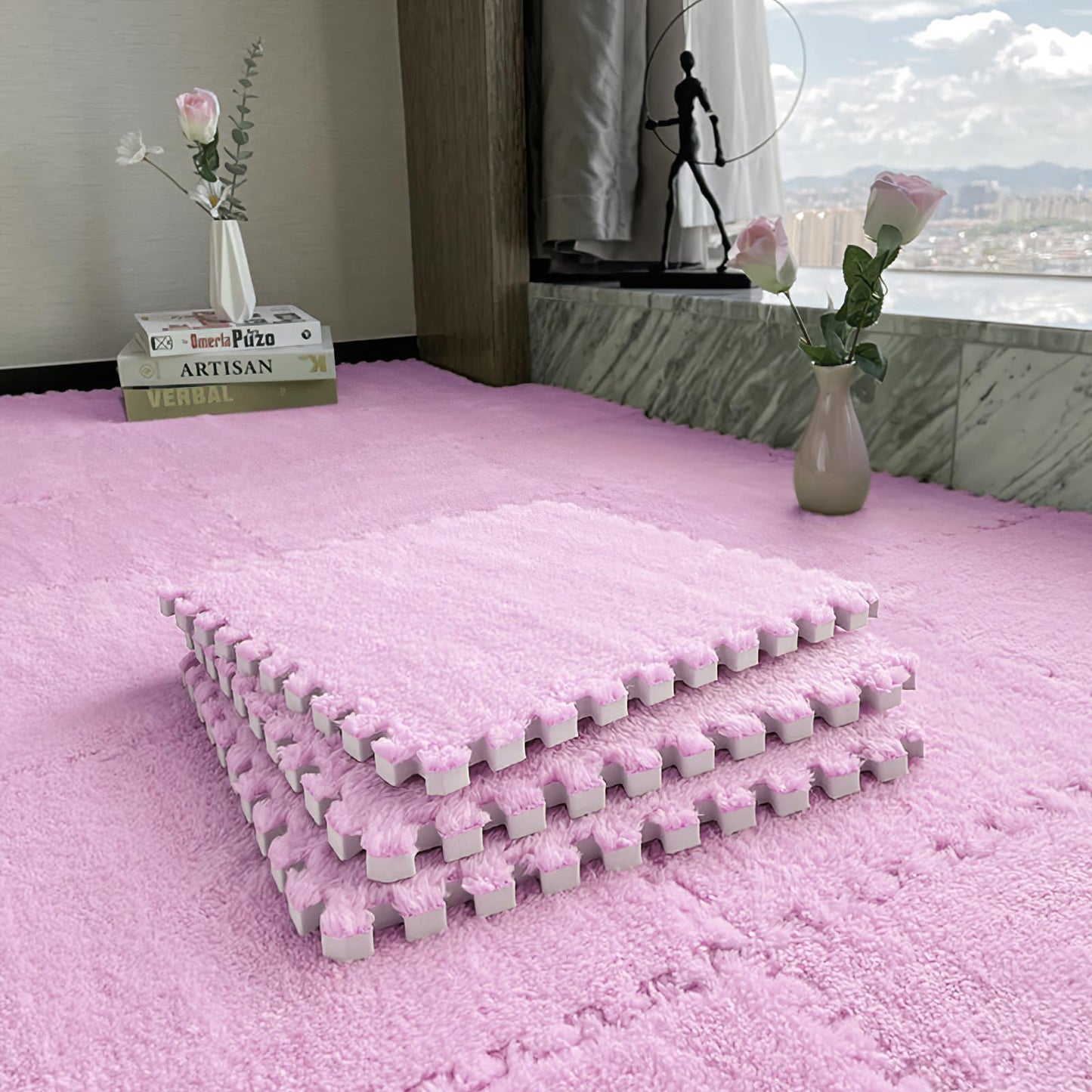16 PCS Plush Interlocking Carpet Tiles, 0.6" Thick Soft Foam Floor Mat for Baby Crawling, Kids Playroom, Nursery, Bedroom, Living Room & Home Office, Non-Slip Puzzle Floor Tiles(11.8ft, Pink)
