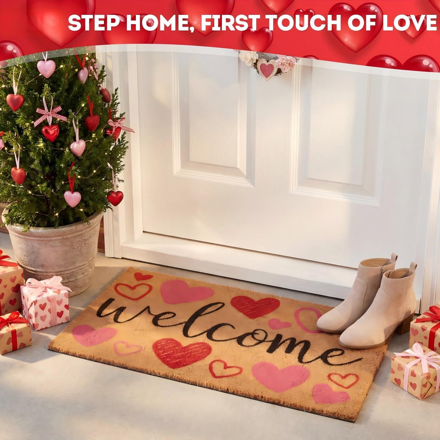 Dunzy 2 Pcs Valentine's Day Welcome Doormat Red Heart and Green Shamrock Coir Door Mat, St. Patrick's Day 16.5" x 29.5" Non-Slip Doormats for Indoor, Outdoor Rug, Porches, Kitchens, Bathrooms