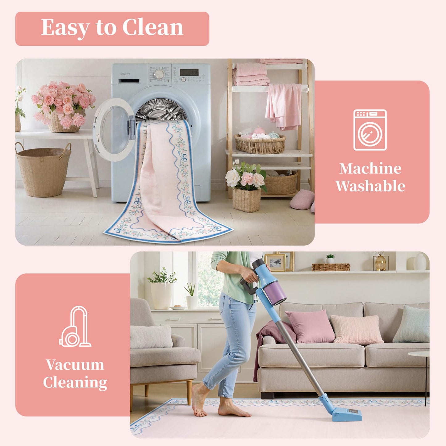 Seavish Pink Floral Rugs for Bedroom Girls, 5x7 Area Rugs for Living Room, Soft Washable Scalloped Nursery Rug, Boho Farmhouse Non-Slip Low Pile Carpet Rug for Kids Playroom Dining Room Office