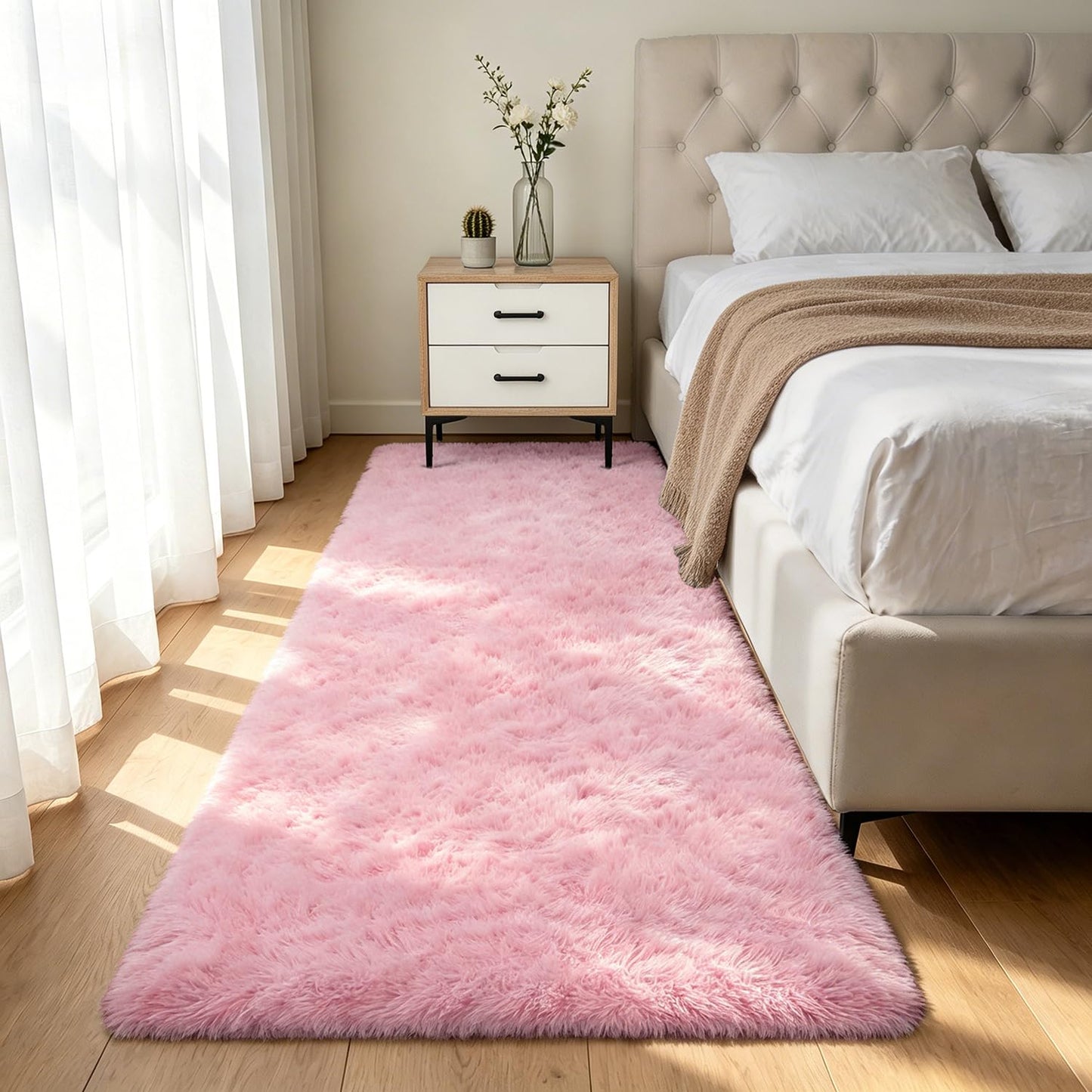 Shag Runner Rug for Bedroom Living Room 3x7 Upgrade Non-Slip Fluffy Soft Bedside Rugs,Pink Shaggy Carpet for Kids Girls Boys Dorm Nursery Home Decor Aesthetic