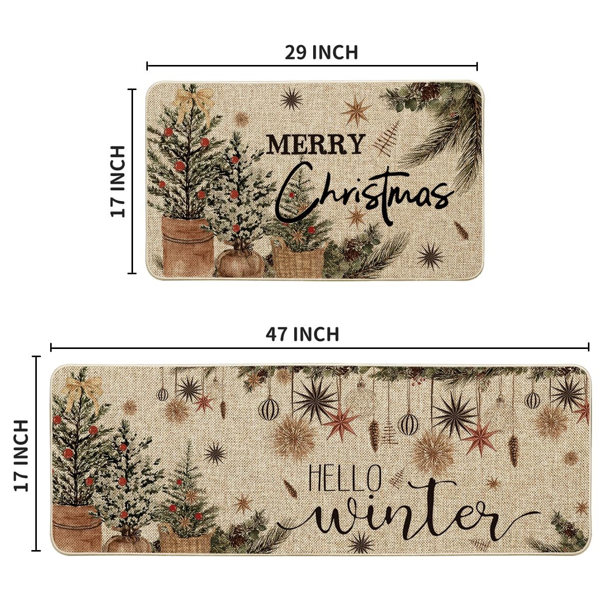 Artoid Mode Holly Ornament Merry Christmas Kitchen Mats Set of 2, Winter Home Decor Low-Profile Kitchen Rugs for Floor - 17x29 and 17x47 Inch