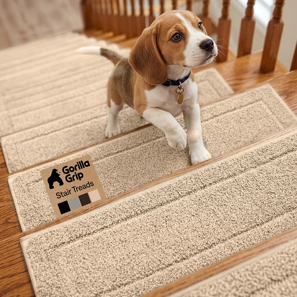 GORILLA GRIP Peel and Stick Stair Treads,15 Pack, for Wooden Steps, Multi-Surface Use, Machine Washable Carpet Runners, Indoor Rugs for Stairs, Pet Friendly, Universal Size,Beige, 8x28 Inches