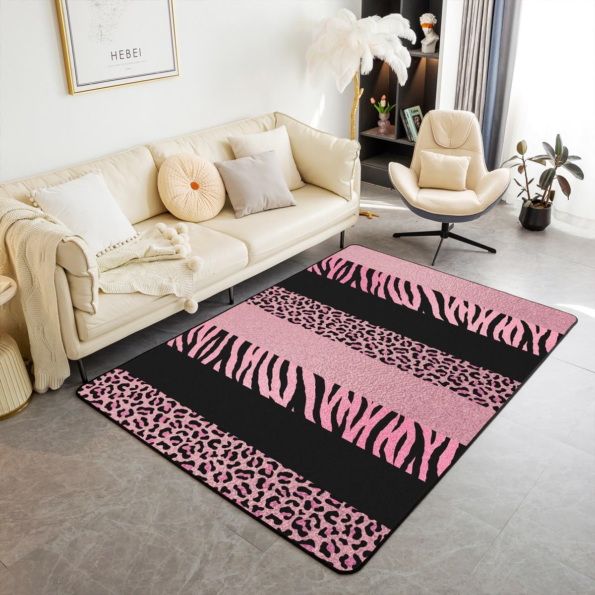 Castle Fairy Pink Leopard Print Area Rug 3x5 Wild Animal Zebra Skin Texture Decor Non Slip Rug for Girls Women Adults Black Geometric Stripes Western Style Indoor Floor Mat for Office Bedroom