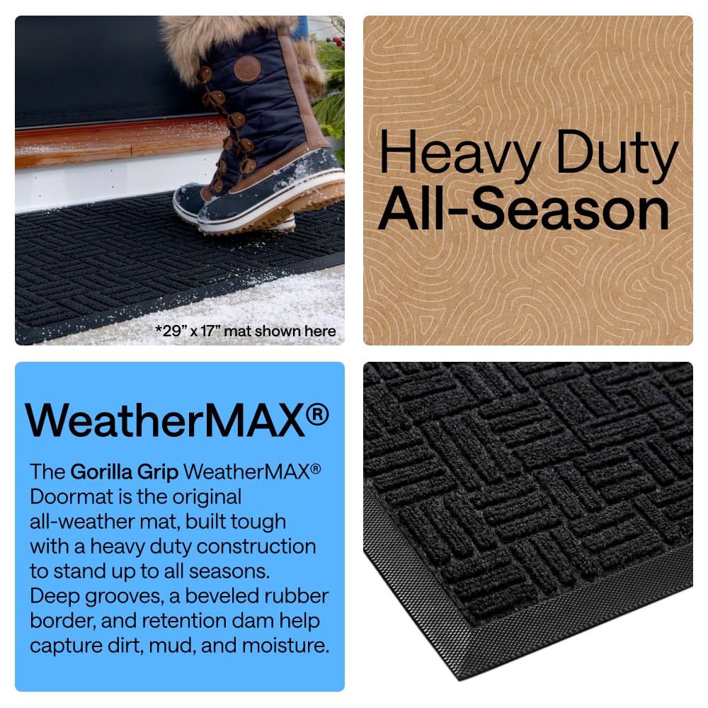 GORILLA GRIP 100% Waterproof All-Season WeatherMAX Doormat 35x23, US Designed Natural Rubber, Stain and Fade Resistant, Low Profile Indoor Outdoor Door Mats, Easy Clean Patio Mat, Black Maze