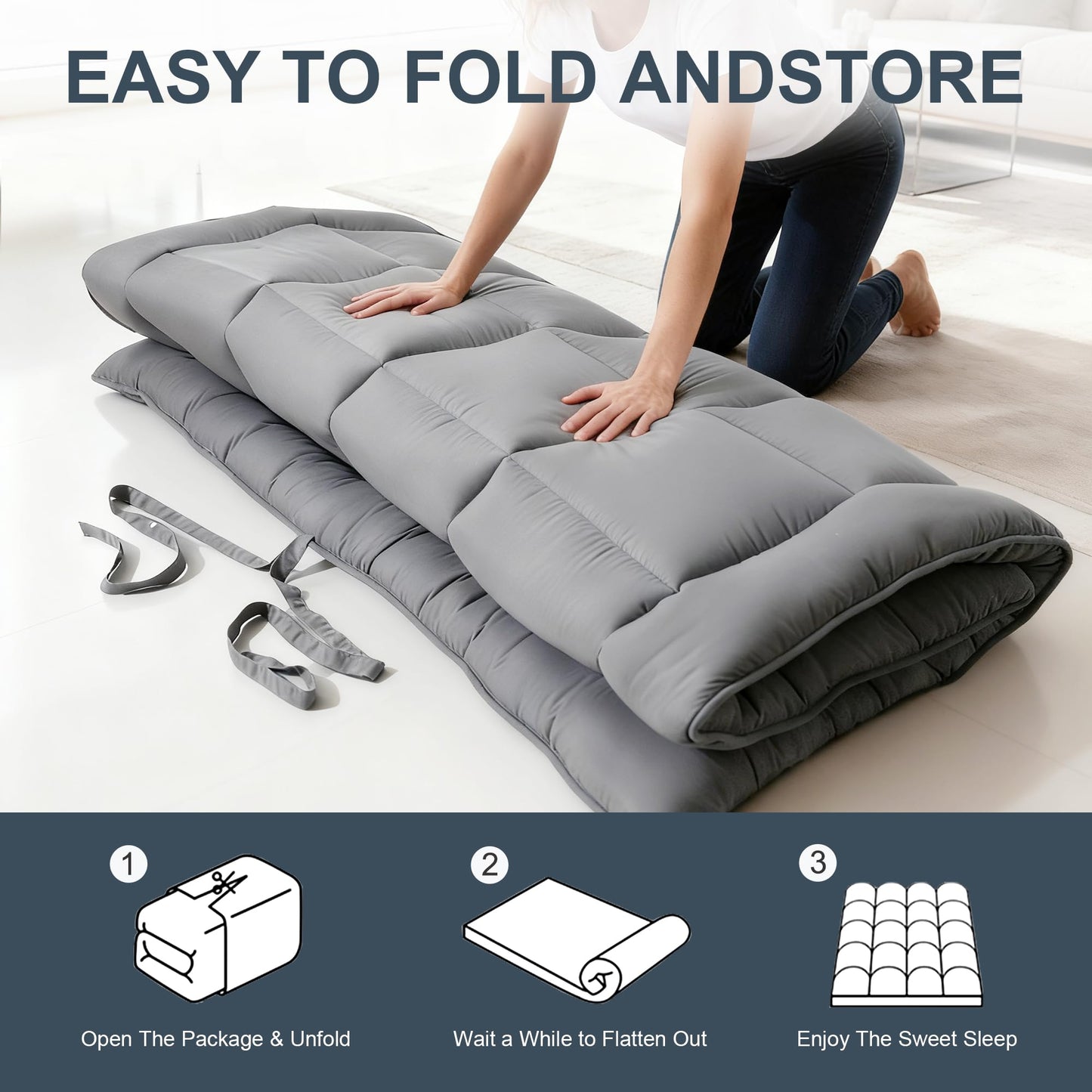ALPSWAN Japanese Floor Mattress Futon, Thick 5-Layer Roll Up Foldable Mattress, Comfortable Foam Tatami Mat Sleeping Pad (Gray, Queen)