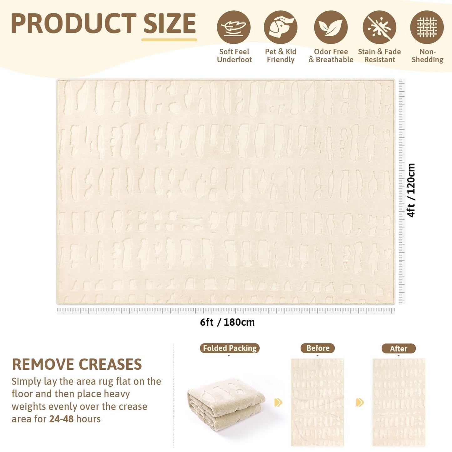 Yamaziot 4x6 Washable Area Rug, High-Low Grid Textured Living Room Rugs, Soft Fluffy Non-Slip Mats Stain Resistant Contemporary Boho Carpet for Dining Room, Kids Nursery Room, Bedroom, Office