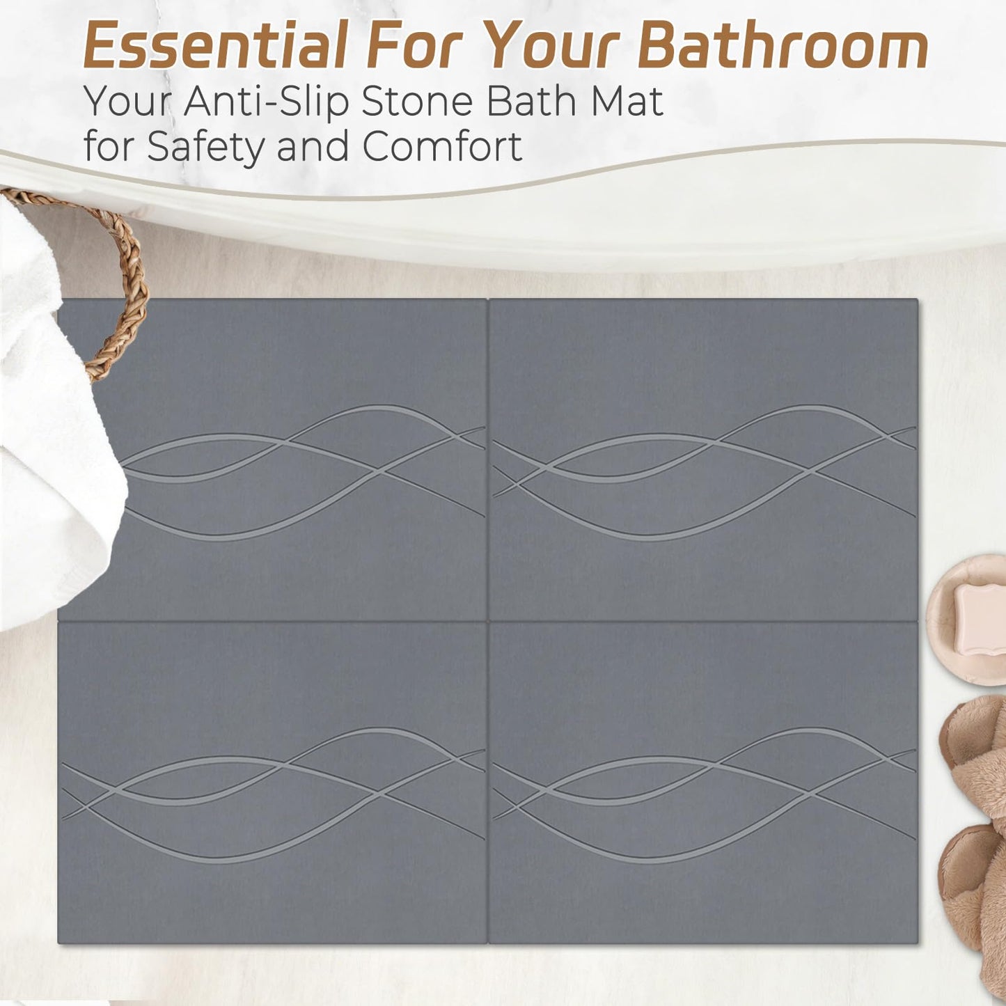 Extra Large Stone Bath Mat for Bathroom,31.5" x 23.6" Quick-Drying Diatomite Stone Shower Mat,Spliceable Design Instant Dry Technology Bath Mats Non-Slip Easy to Clean(Linear Dark Gray)