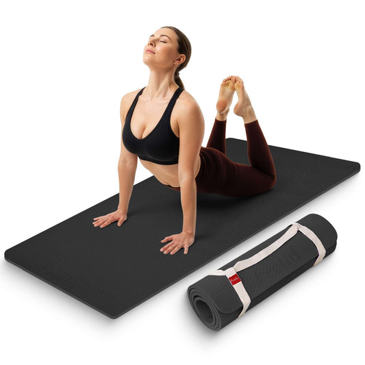 Feetlu Extra Thick 12mm Exercise Mat – 74"L x 26"W Inch, Non-Slip, Joint-Friendly & Cushioned Fitness Mat for Yoga, Pilates & Floor Workouts – Durable, Supportive & Includes Feetlu Classic Strap (Black)