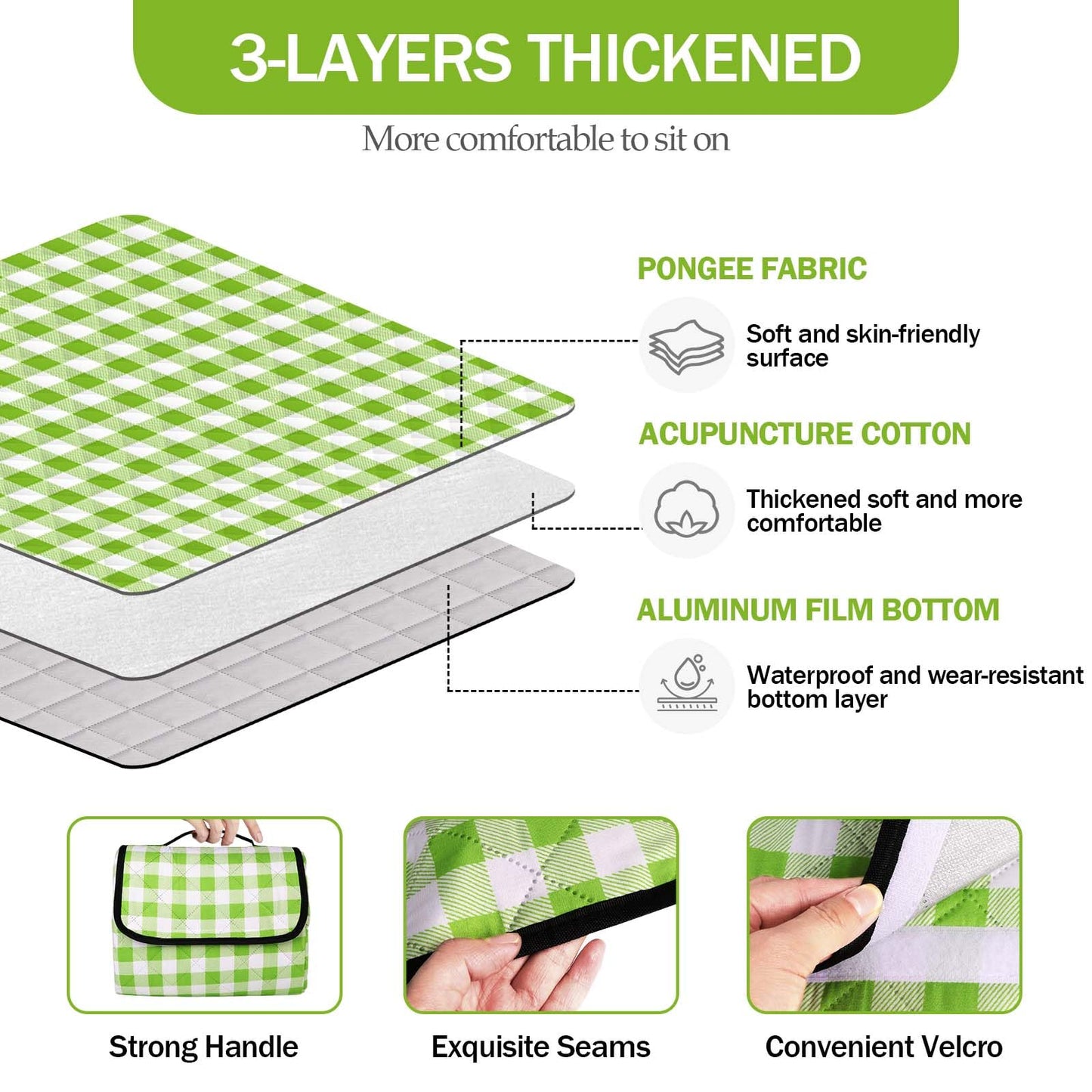 XEHAHOSH 78.7''x78.7'' Extra Large Picnic Beach Blankets, 3 Layers Plaid Waterproof Thickened Foldable Camping Blanket, All-in-one Portable Mat, Suitable for Park, Camping, Outdoor Indoor, Green