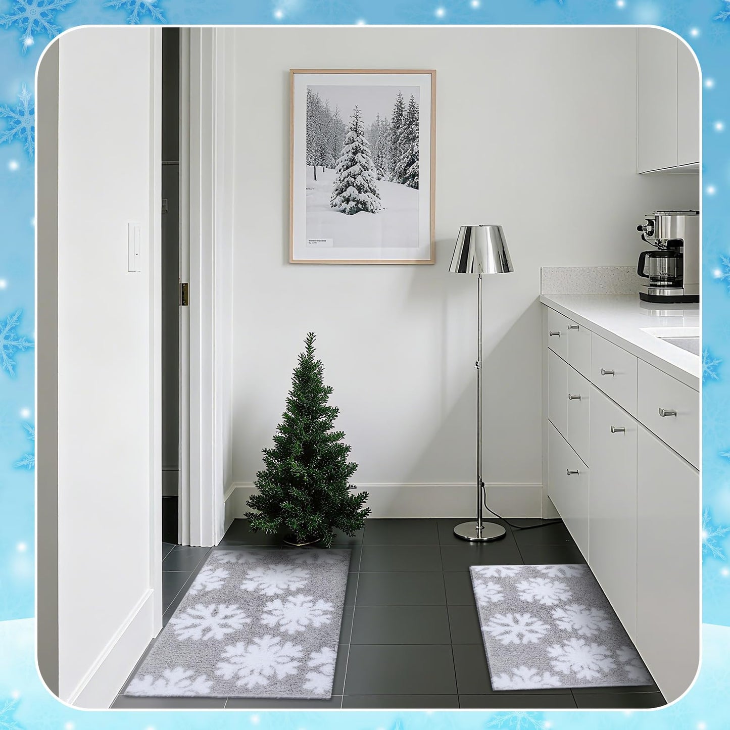 Dunzy 2 Pcs Winter Snowflake Bath Mat Winter Non Slip Soft Microfiber Bathroom Rugs New Year Area Rug for Tub Shower Room Floor, 20 x 32 Inches, 17 x 24 Inches