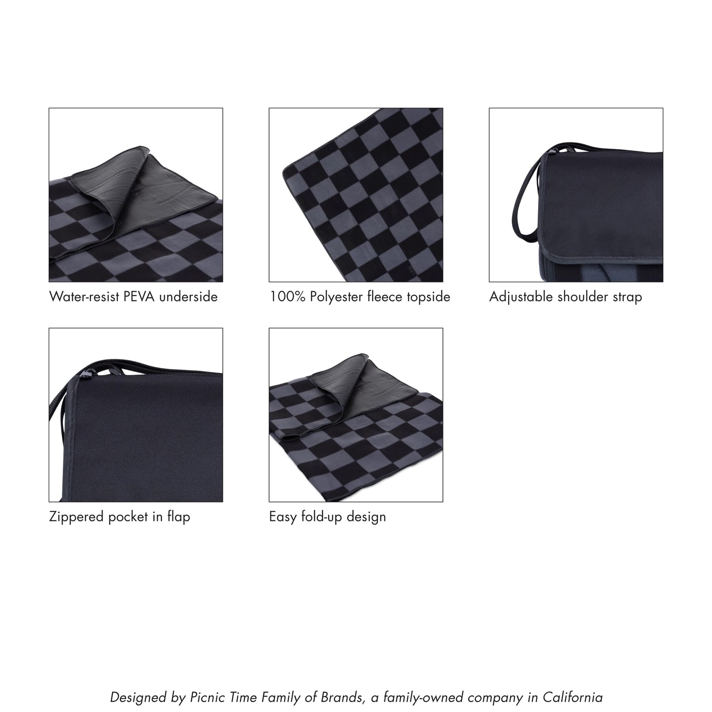 Picnic TIME Outdoor Picnic Blanket Tote, 59"x51" Foldable Beach & Camping Blanket with Soft Fleece, Water-Resistant Bottom, Adjustable Strap & Zippered Pocket (Black Checkers)