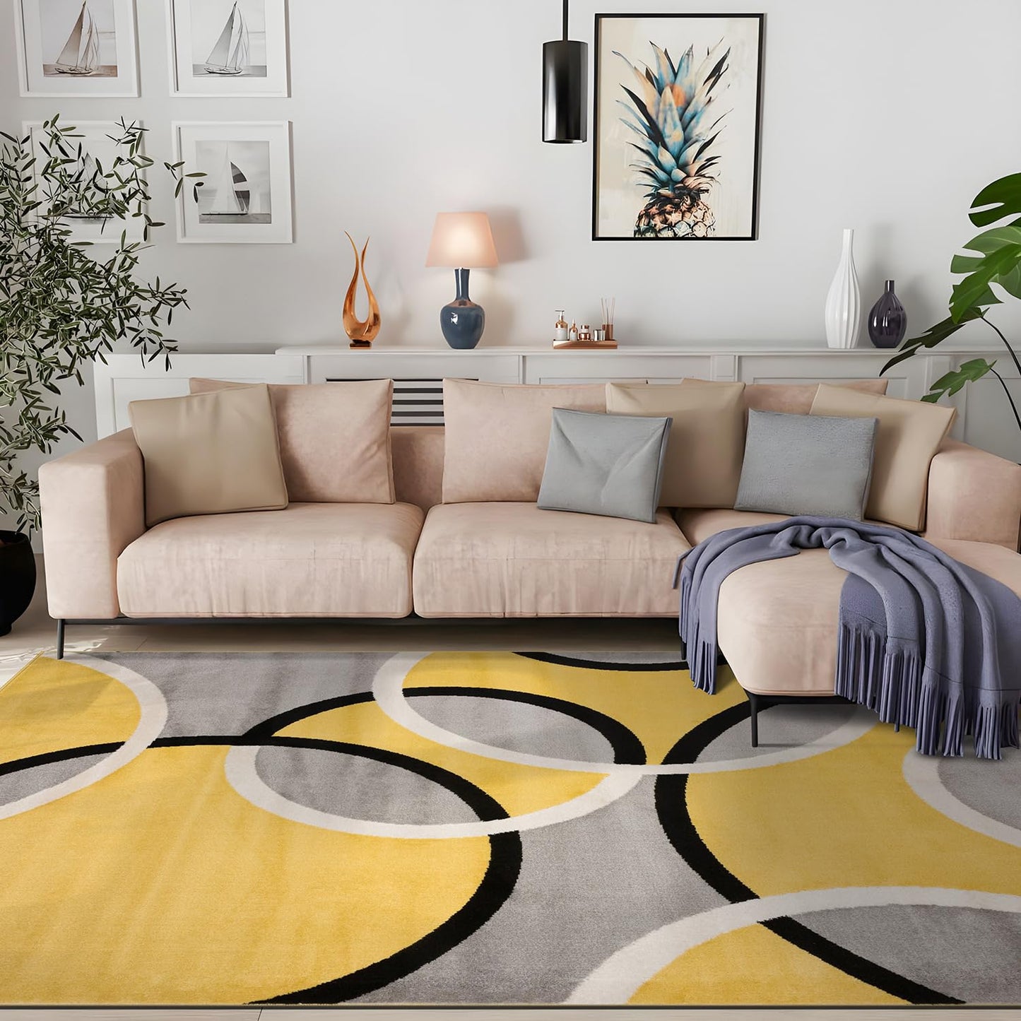 Rugshop Contemporary Abstract Circles Area Rug, Fade-Resistant Carpet for Living Room, Bedroom, or Home Office, Yellow, 5'3" x 7'3"