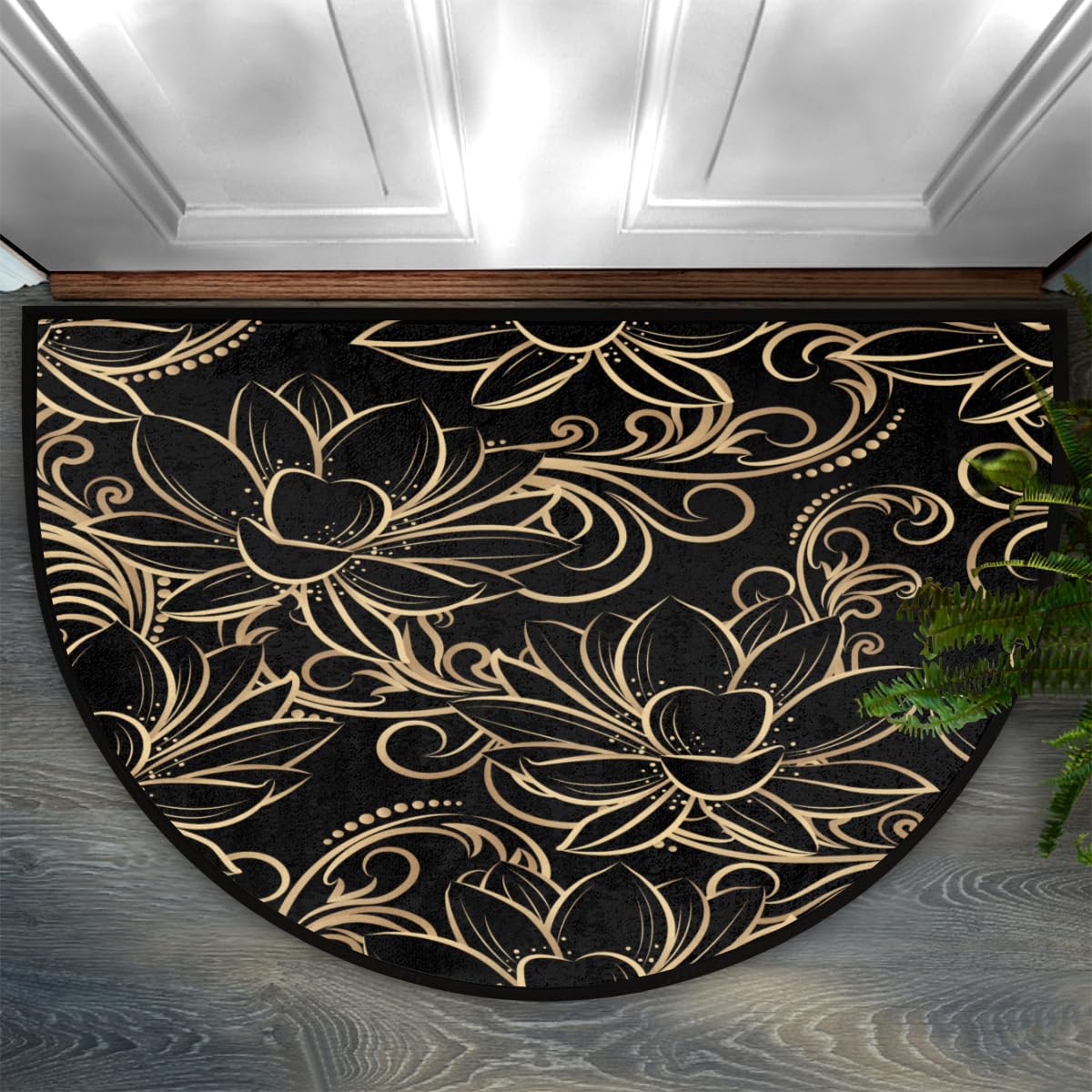 Aglebo Artistic Lotus Flower Half Round Door Mat Non-Slip Half Circle Area Rug 24" x 36" Decor Indoor Entrance Doormat Washable Welcome Mats for Home Bedroom Kitchen Living Room High Traffic Areas