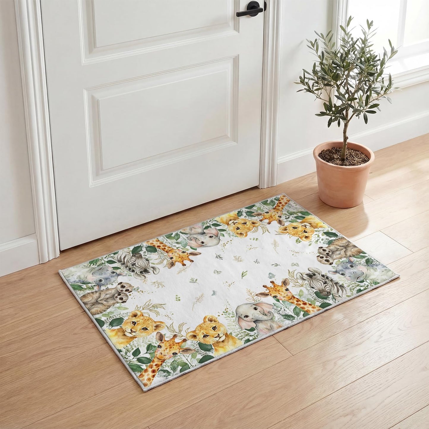 Artoid Mode Animals Elephant Giraffe Baby Shower Area Rug, Spring Birthday Home Decor Low-Profile Washable Door Mat for Entryway Bedroom Living Room Laundry Room Indoor 2x3 Feet