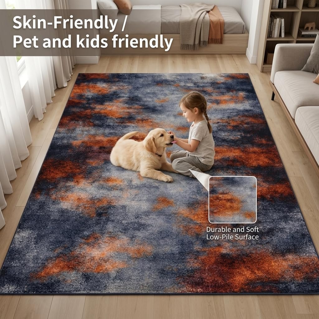 ERYATOU 5x7 Area Rug, Modern Abstract Smoke Cloud Area Rug in Orange and Gray, Washable Non-Slip Low Pile Soft Friendly Carpet for Living Room, Bedroom, Study Room