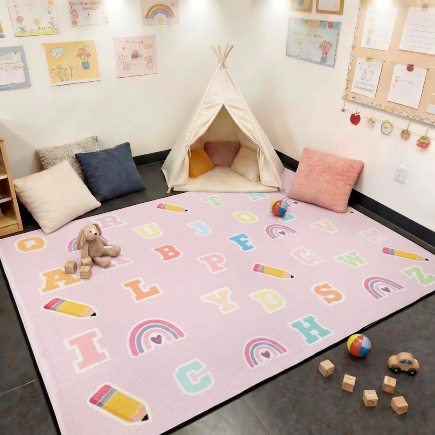 Breling 4 x 3.2 ft ABC Alphabet Rug, Pink Boho ABC Learning Rug for Toddlers, Educational Floor Mat Non-Slip Reading Corner Emotion Soft Fluffy for Classroom, Preschool, Playroom