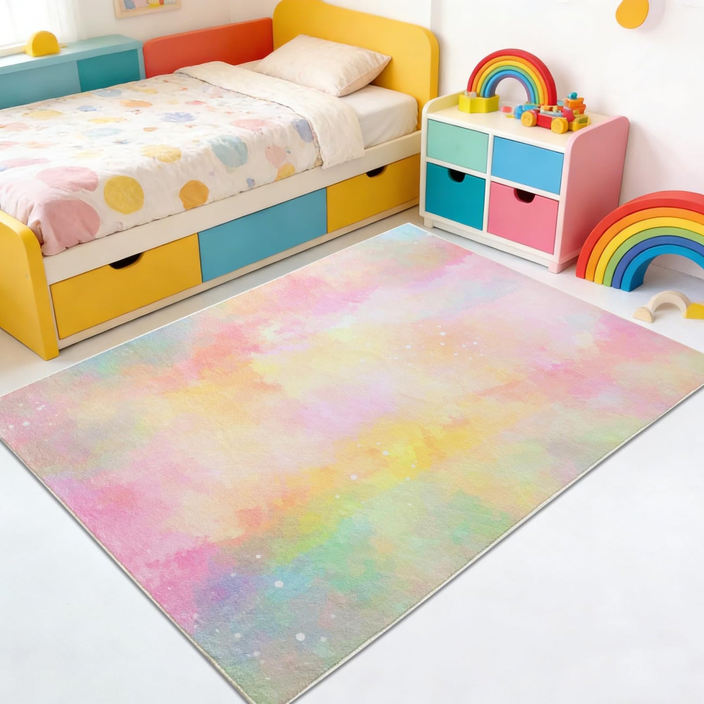 Lacomfy Pink Yellow Kids Rug 3x5Ft Soft Washable Ombre Carpet for Boys Girls Bedroom, Non-Slip Playroom Mat for Children Nursery, Neutral Modern Abstract Kids Decor for Dorm & Living Room