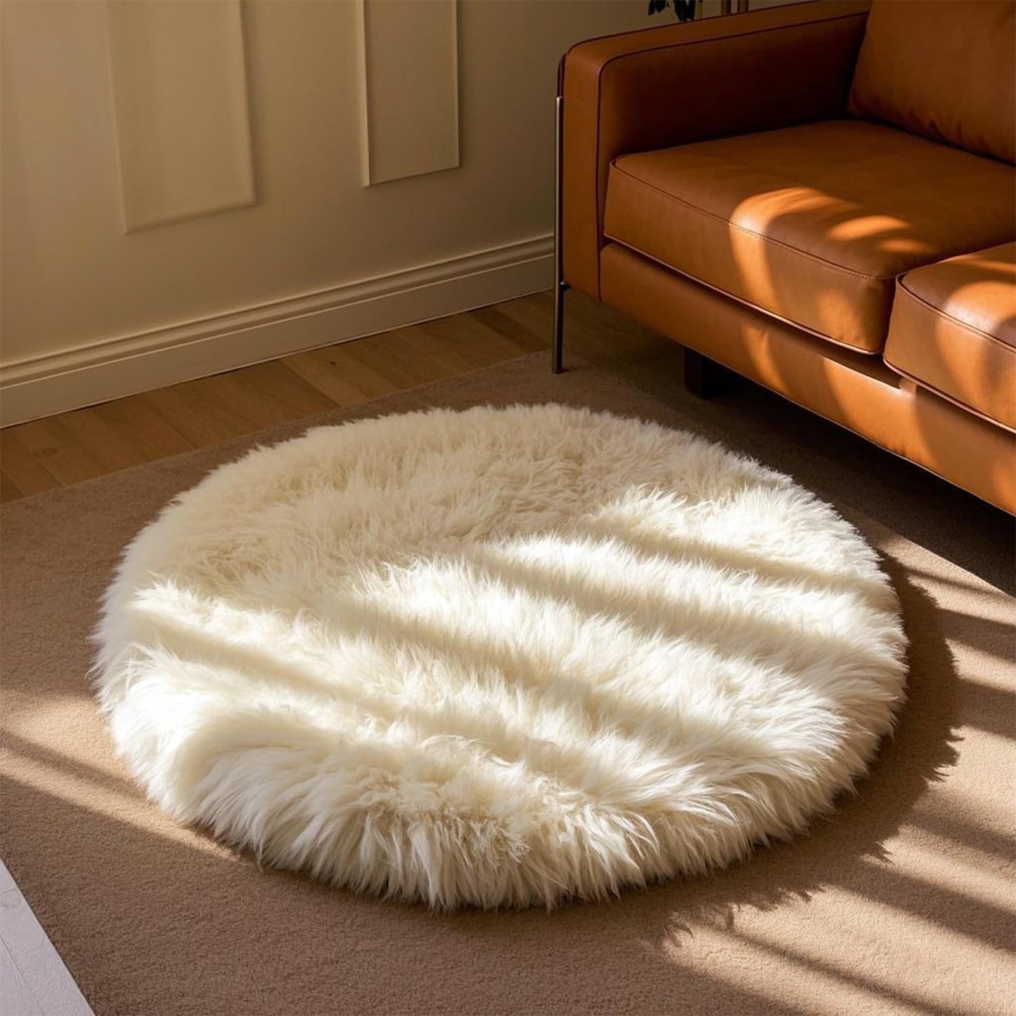 Kopal Round Sheepskin Rug, Real Sheep Skin Fur Rug, Lambskin Area Rug, 3x3 ft, Natural White