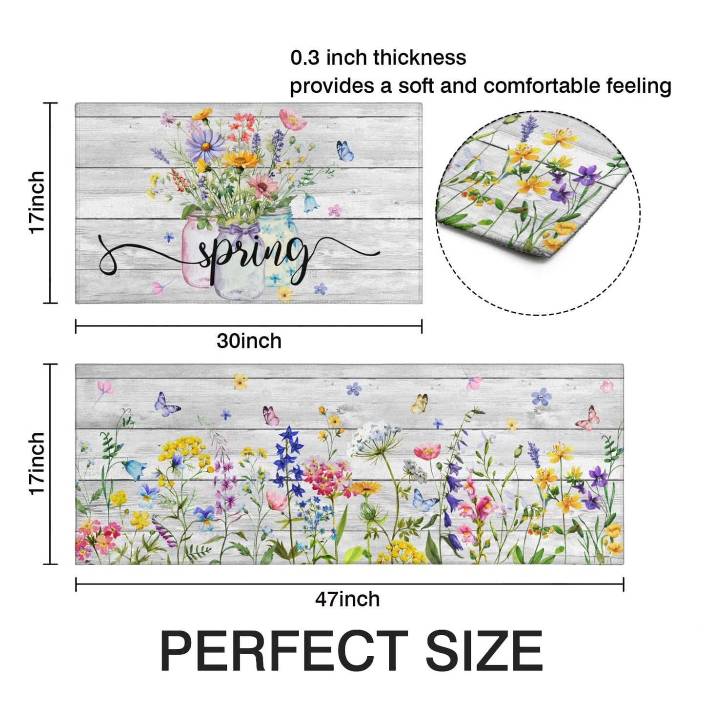 Twyt decor Spring Kitchen Rug Set of 2,Non-Slip Washable Kitchen Mats,Wood Grain Floral Kitchen Mats,Spring and Summer Holiday Decorations for Home Kitchen,17x30+17x47 Inch