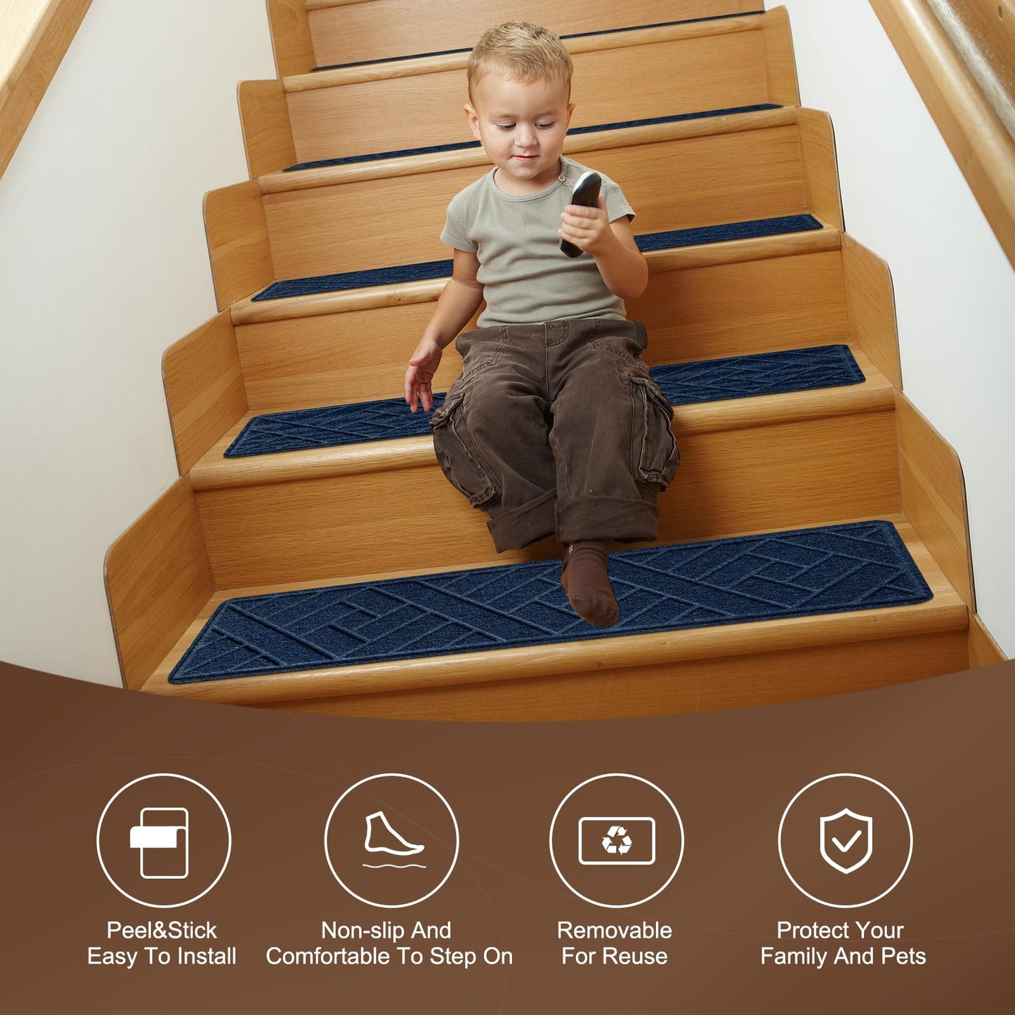 OXKVPVF Non-Slip Carpet Stair Treads for Indoor Wooden Steps, Made of Polyester and Reusable Adhesive, Suitable for Kids Elders and Pets of 15 Pack 8 "X 30" （Navy Lines）