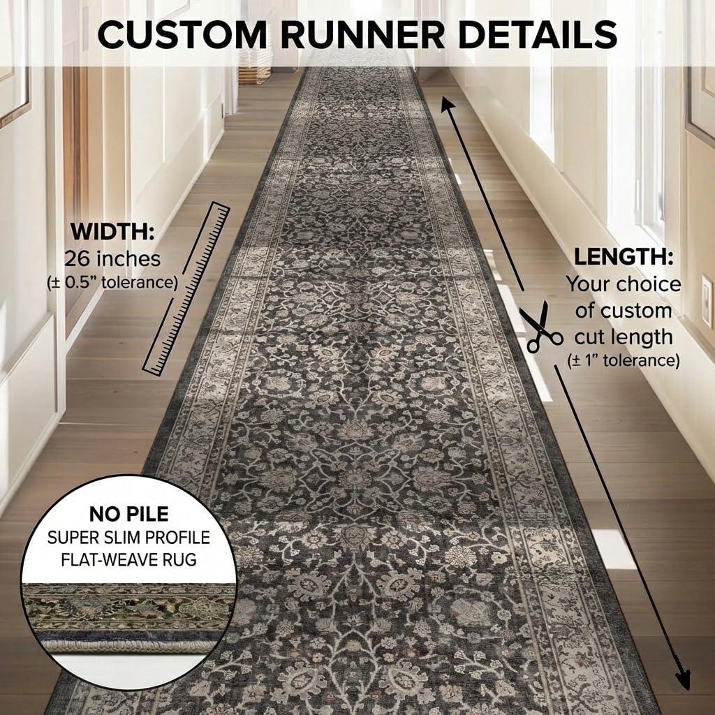 Well Woven Custom Size Hallway & Stair Runner- Asha Rome Charcoal Brown 26 Inches Wide Super Thin Long Runner (26" x 12' Runner) Rug - Floral, Easy Clean, Floor-Friendly Backing