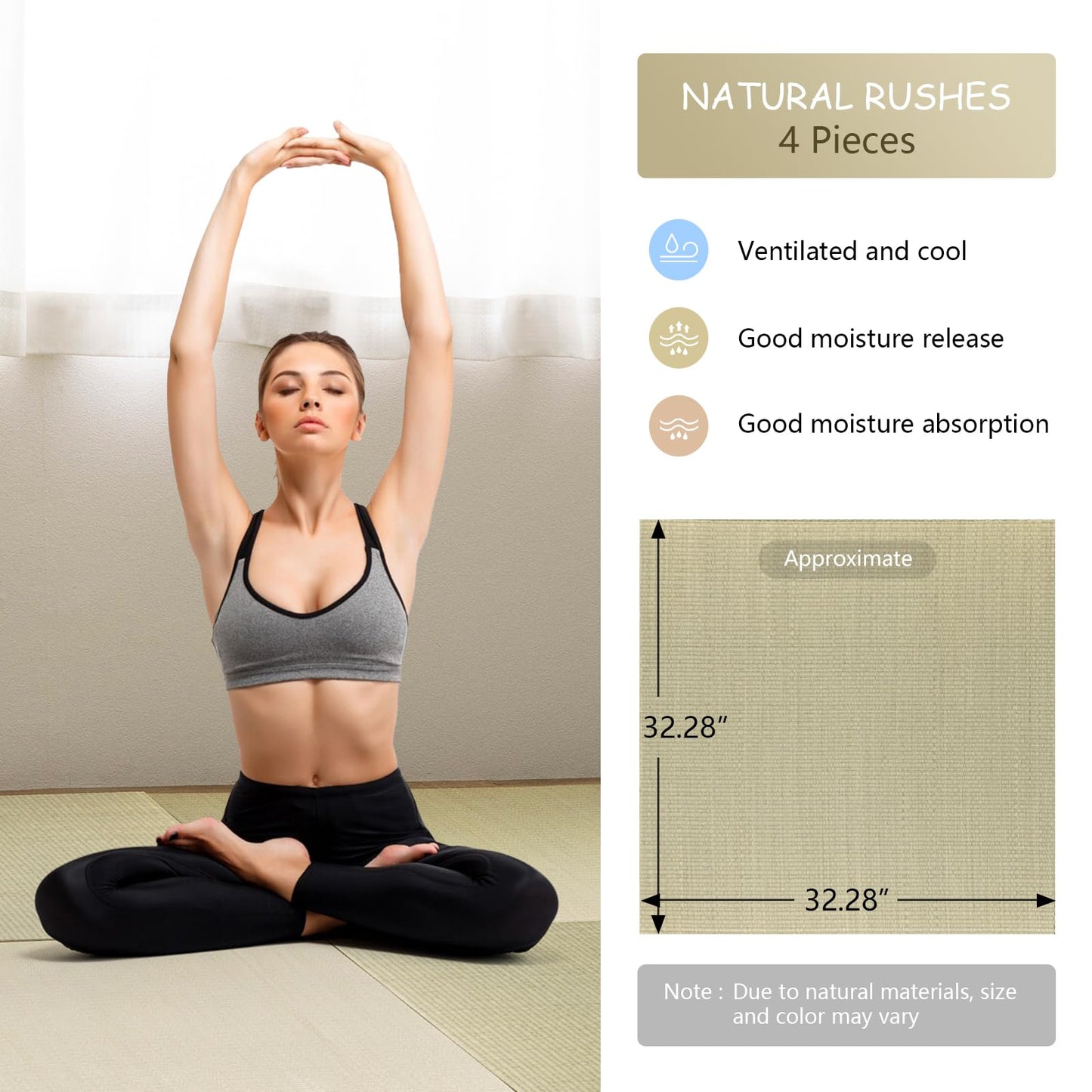 HAGiHARA Japanese Tatami Mat, Patchwork Tatami Floor Mats, 64" x 64" Foldable Square with Non-Slip Design for Bedroom, Crawling and Yoga, Made of Rush Grass, Igusa(Without Edge/4 Picecs)