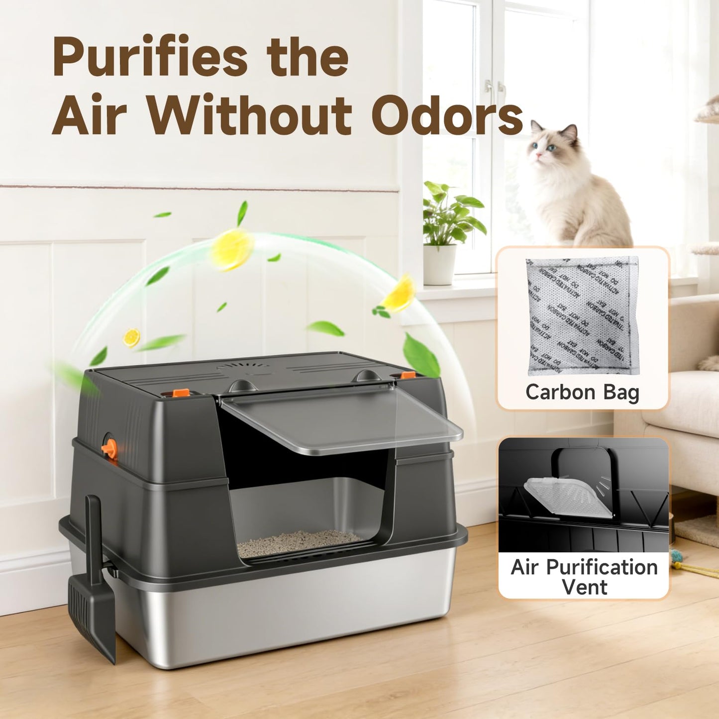 KISENG Stainless Steel Litter Box with Lid, High Sided Enclosed Metal Litter Box for Big Cats, Easy Cleaning Anti-Urine Leakage, Non-Sticky Cat Box, Front Entry Top Exit KittyBox, Includes Mat & Scoop
